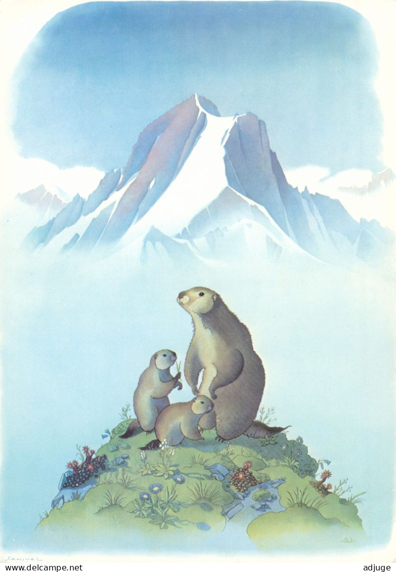 CPM-Affiche Parc National De La VANOISE - Illustrateur SAMIVEL - Grand Format 17x 12 Cm- Marmottes Stylisées * 2 Scans - Samivel