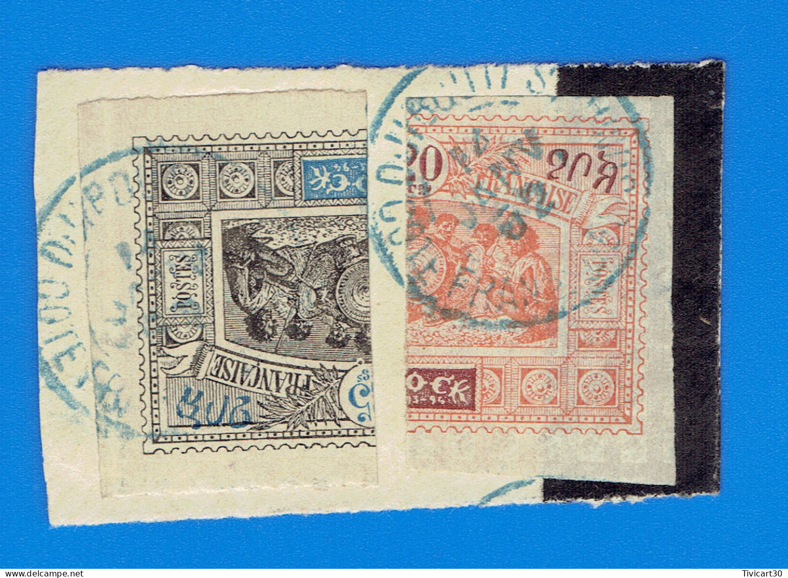 TIMBRES COLONIES FRANCAISES - DJIBOUTI - OBOCK - MOITIE DE 20 C. ET DE 25 C. SUR LE MEME FRAGMENT- N° 53 A ET 54b - Oblitérés