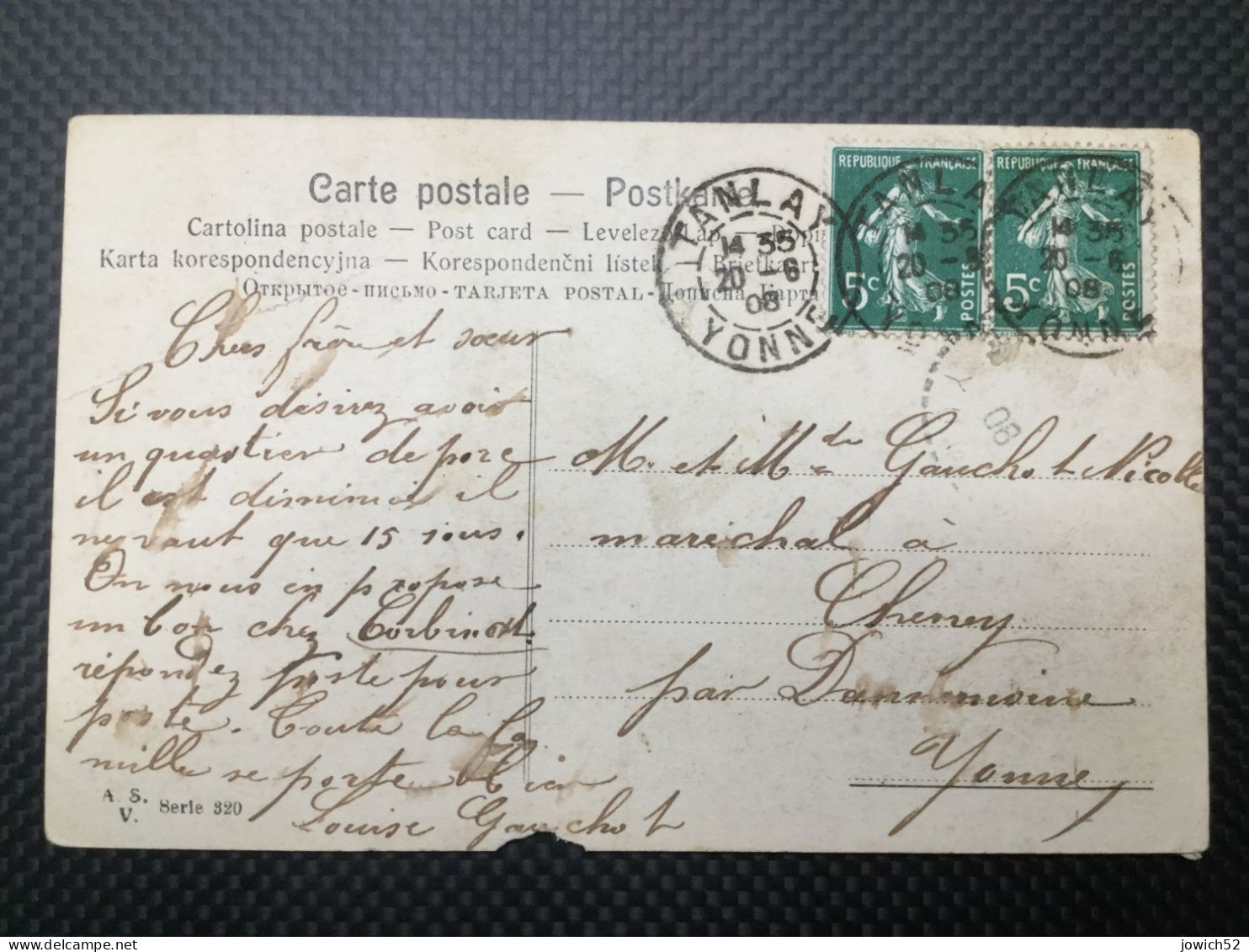 Marque Postale Tanlay  Yonne    Année 1908 - Poste