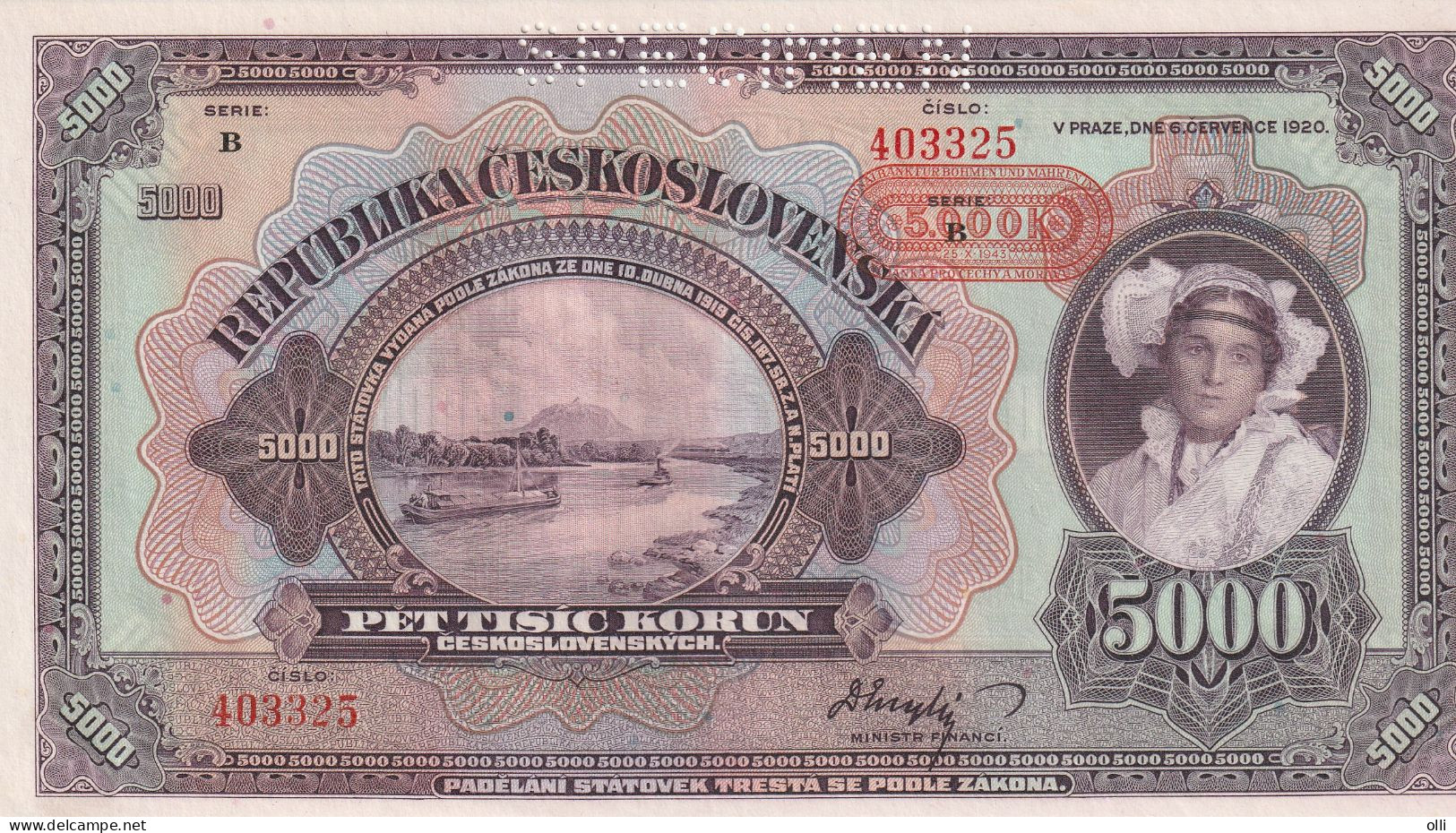 Bohemia & Moravia/ German Occuptation WWII 5000 Korun 1943   P-15  UNC  SPECIMEN - Checoslovaquia