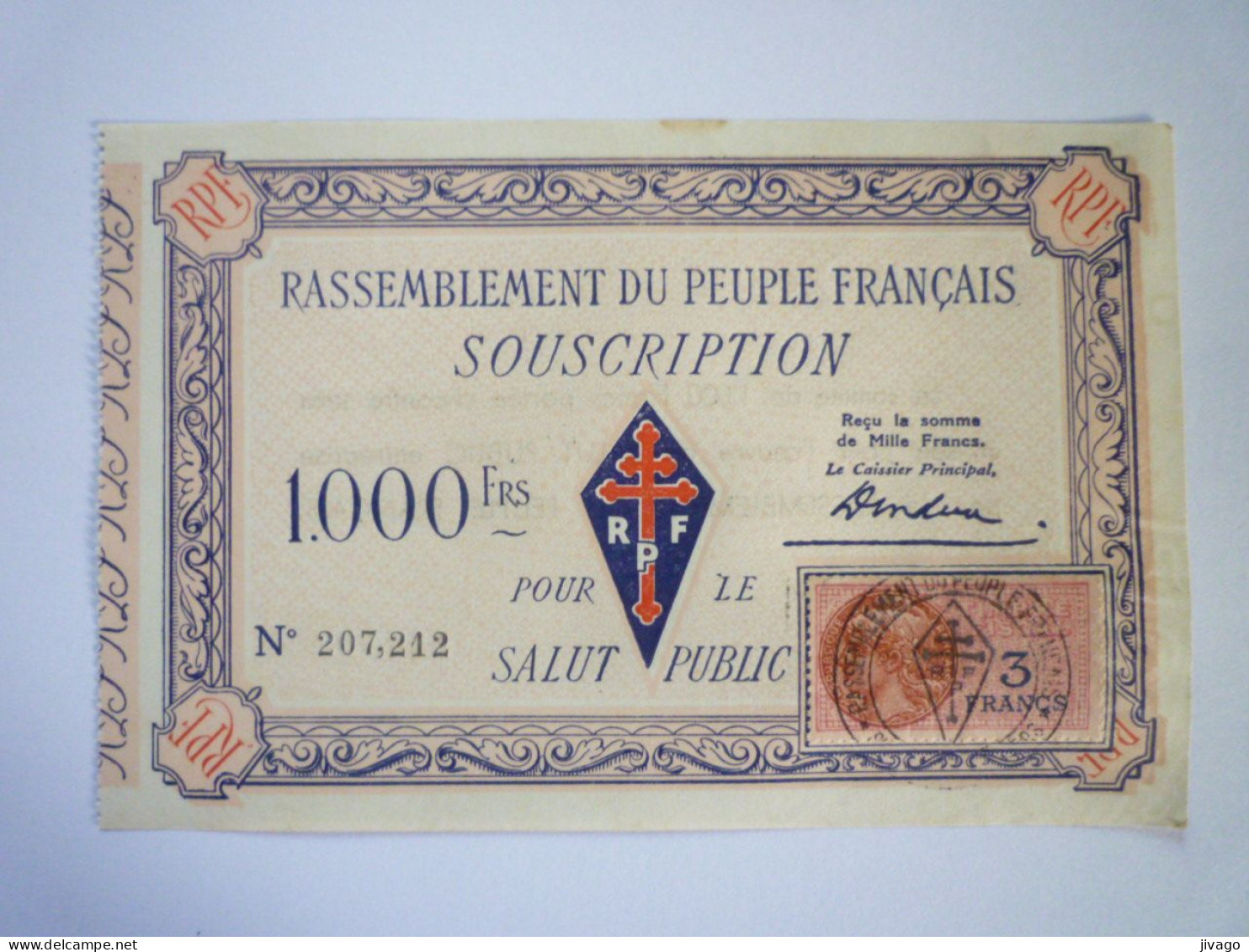 2023 - 2822  RASSEMBLEMENT DU PEUPLE FRANCAIS  (R.P.F.)  :  SOUSCRIPTION De 1000 F Pour Le SALUT PUBLIC  -  RARE   XXX - Non Classificati