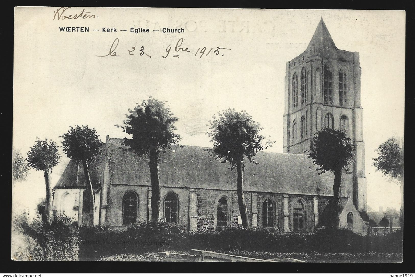 Vleteren Woesten Kerk Eglise Church Lettre De 1915 Guerre War World War One Htje - Vleteren