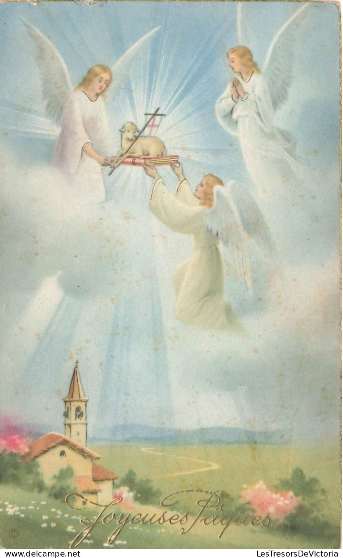 FÊTES ET VOEUX - Joyeuses Pâques - Des Anges Emmenant Un Agneau Vers Le Ciel - Eglise - Carte Postale Ancienne - Pasen