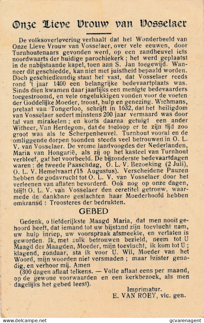 VOSSELARE - BIDPRENTJE  - ONZE LIEVE VROUW VAN VOSSELAER TROOSTERRESSE DER BEDRUKTEN  11.5 X 7.5 CM    ZIE  SCANS - Nevele