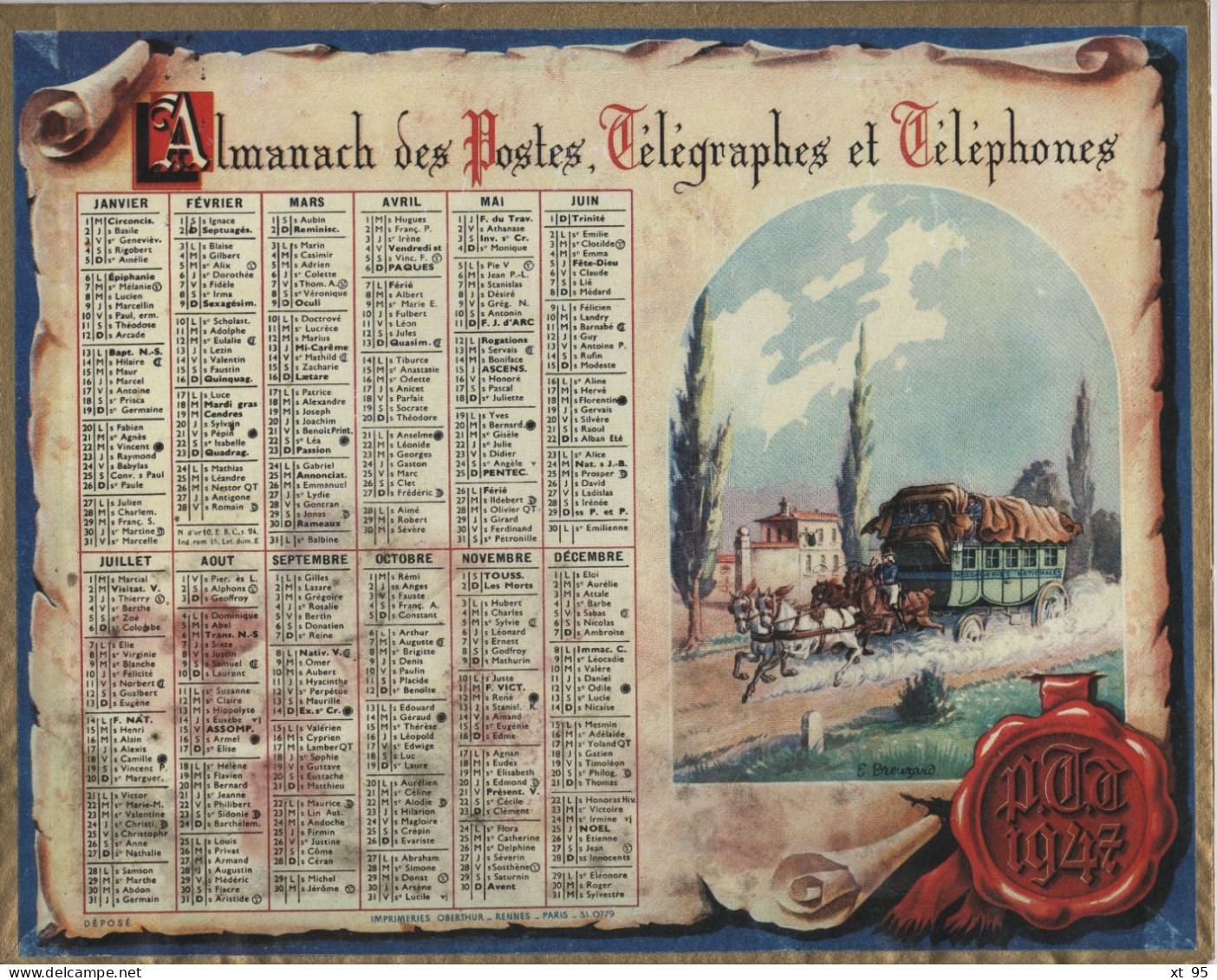 Calendrier - Almanach - 1947 - Oberthur - Grossformat : 1941-60