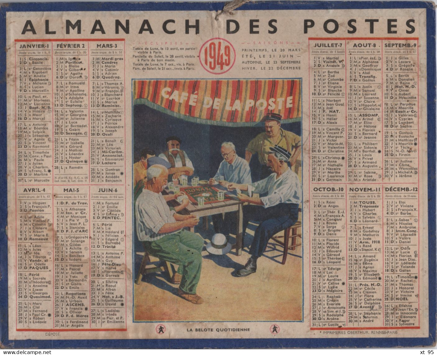 Calendrier - Almanach - 1949 - La Belote Quotidienne - Oberthur - Formato Grande : 1941-60
