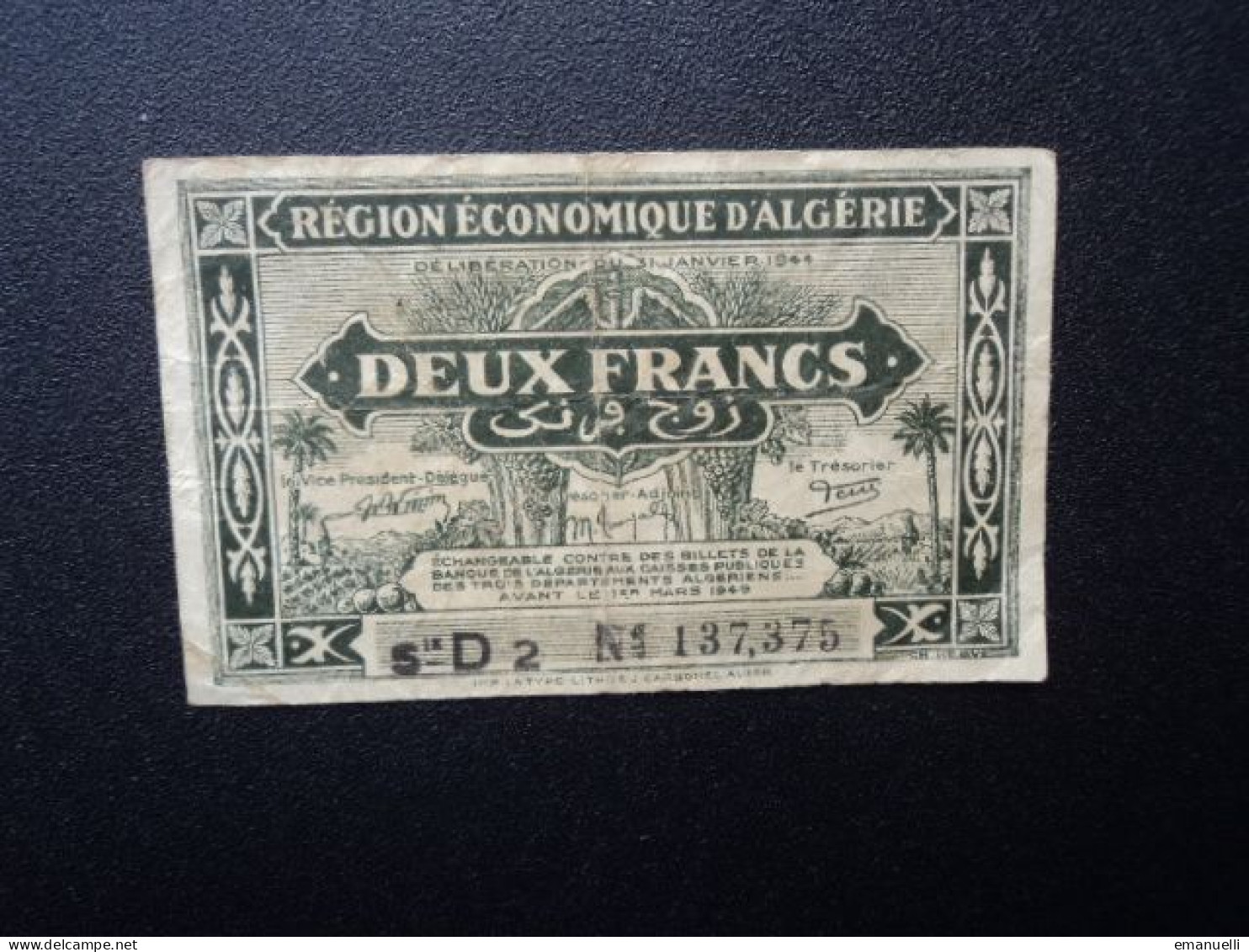 ALGÉRIE :Région économique D'ALGÉRIE: 2 FRANCS   L.31/1/1944   MetK 66 ** / P 99b     TTB * - Algérie