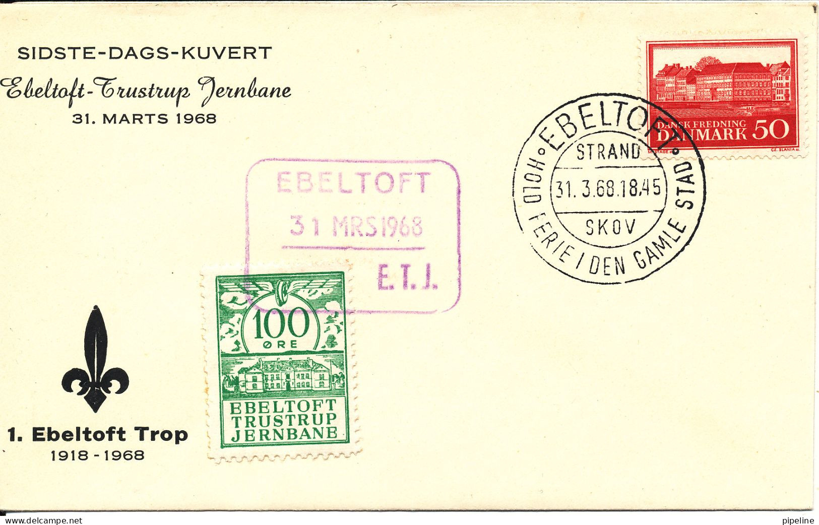 Denmark Last-Day Cover 31-3-1968 EBELTOFT-TRUSTRUP RAILWAY With Railway Seal & Cancel And SCOUT Cachet - Covers & Documents