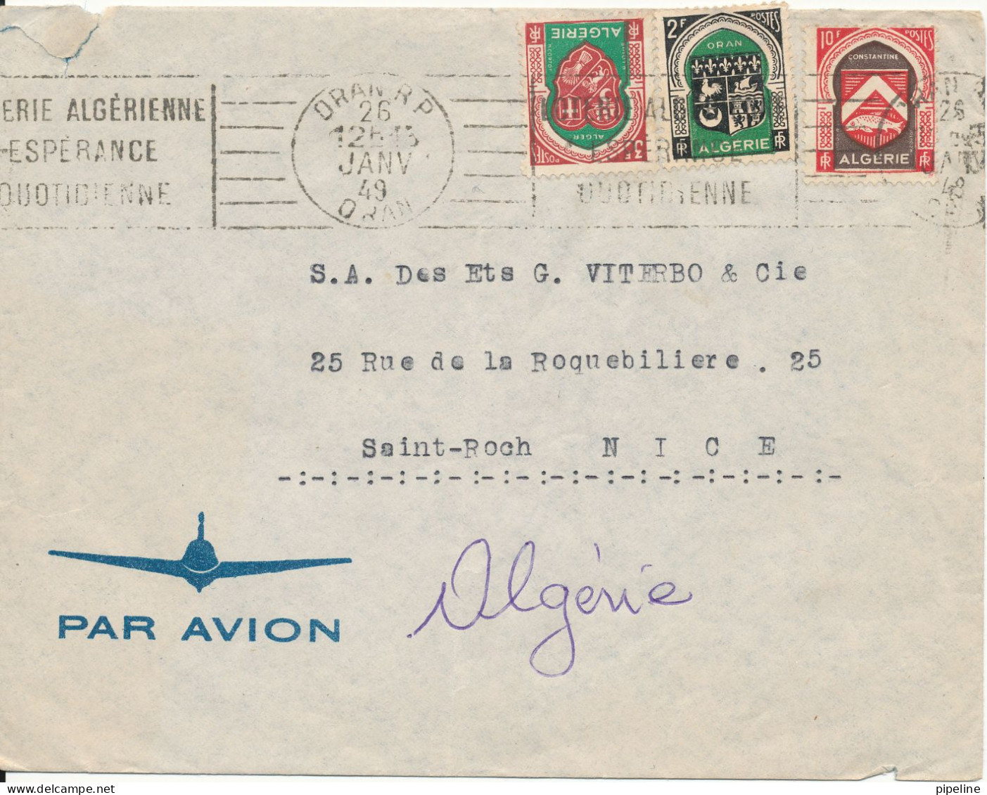 Algeria Air Mail Cover Sent To France 26-1-1949 - Airmail