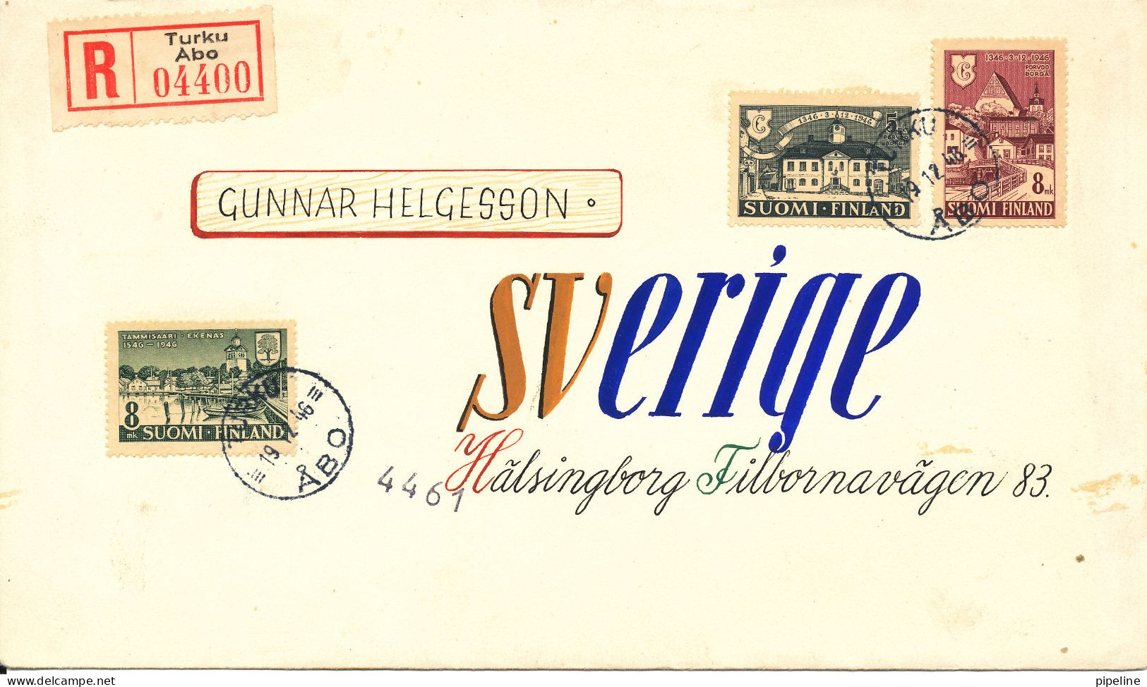 Finland Registered Cover Sent To Sweden Abo 9-12-1946 - Briefe U. Dokumente