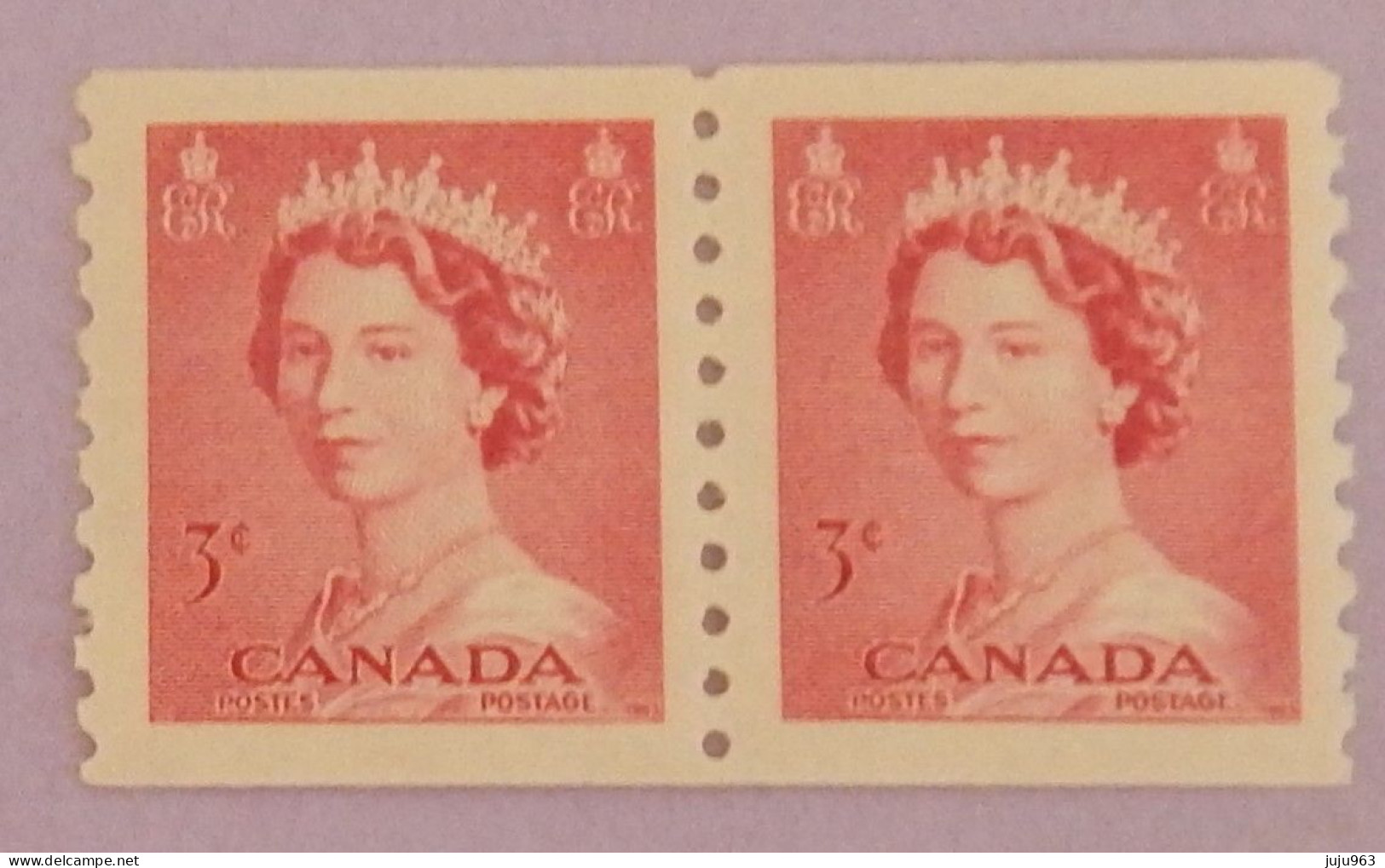 CANADA PAIRE DE 2 X YT 262aA  NEUF**MNH"ELISABETH II" ANNÉE 1953 DENTELE 9,5 VERTICALEMENT - Ongebruikt