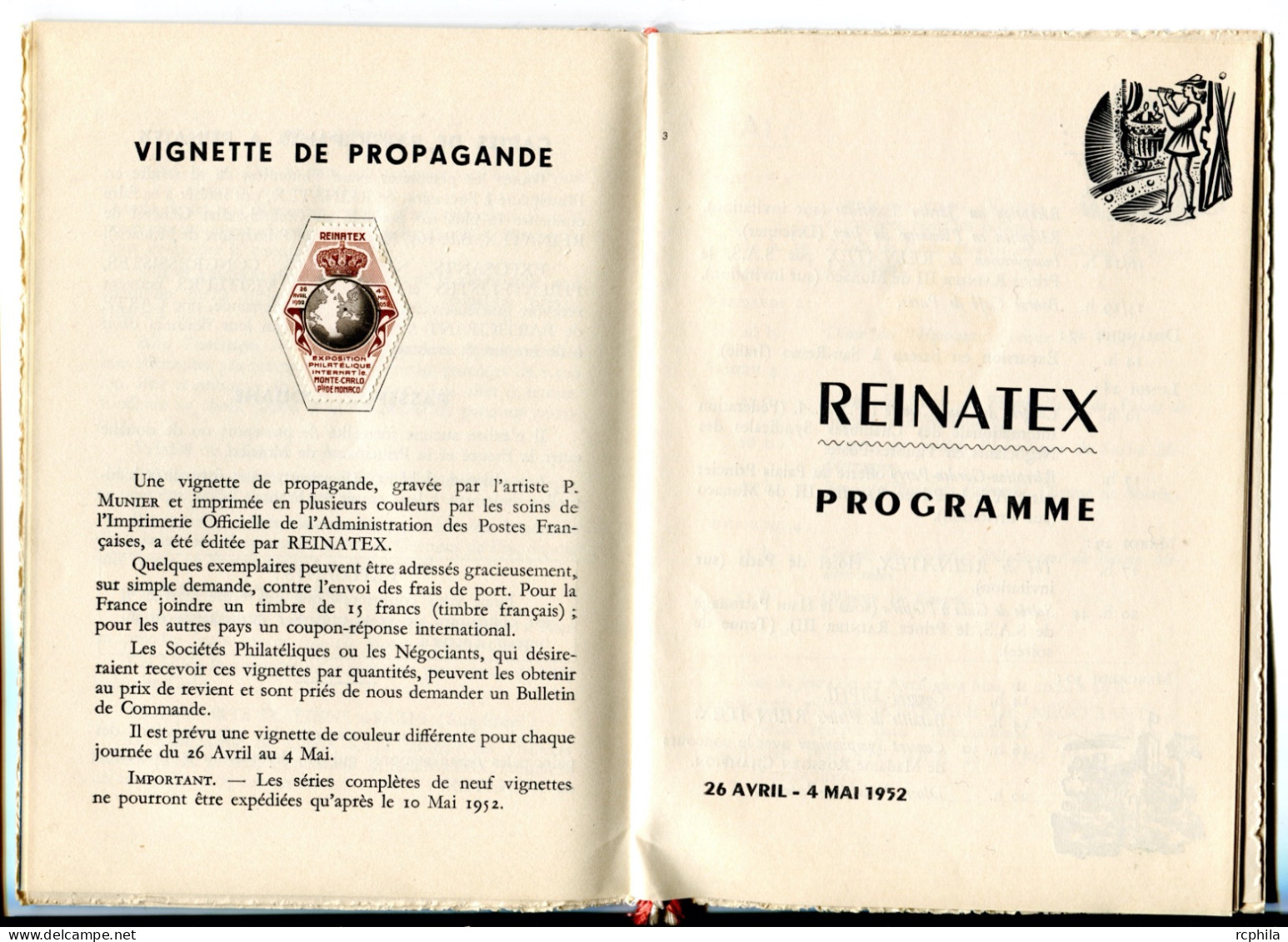 RC 26247 MONACO 1952 PROGRAMME DE L'EXPOSITION REINATEX CONTENANT UNE VIGNETTE DE COULEUR MARRON TB - Storia Postale