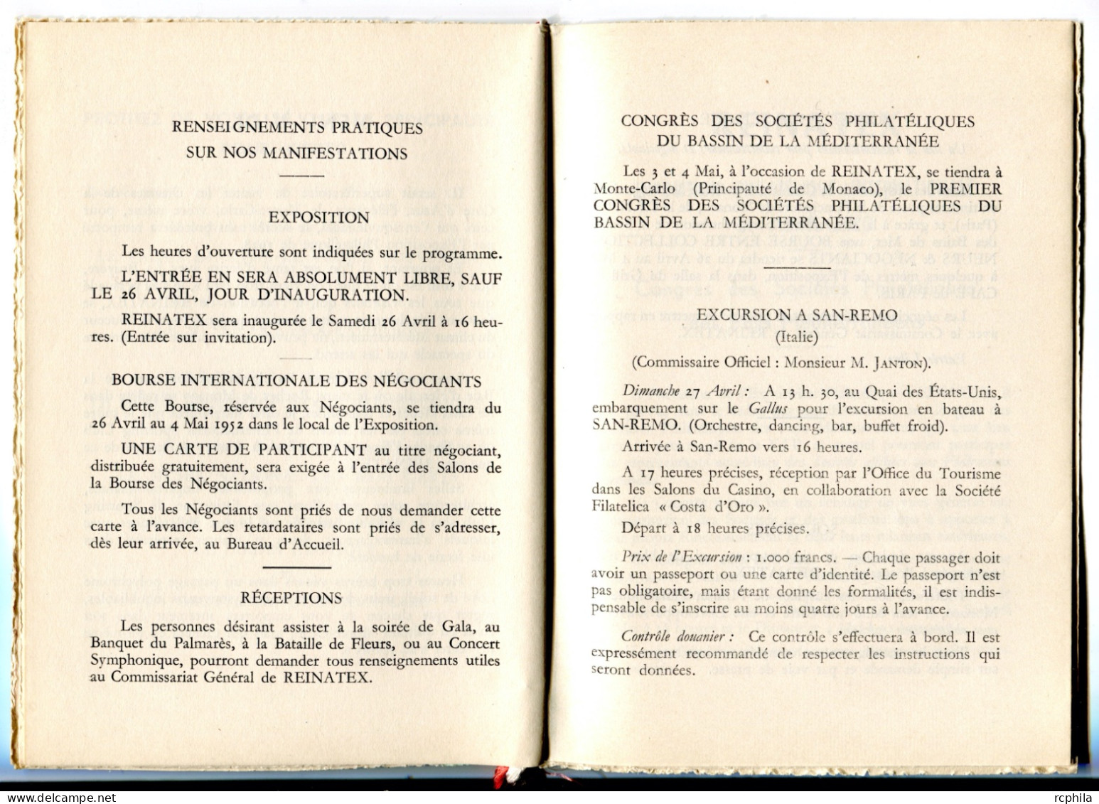 RC 26247 MONACO 1952 PROGRAMME DE L'EXPOSITION REINATEX CONTENANT UNE VIGNETTE DE COULEUR MARRON TB - Covers & Documents