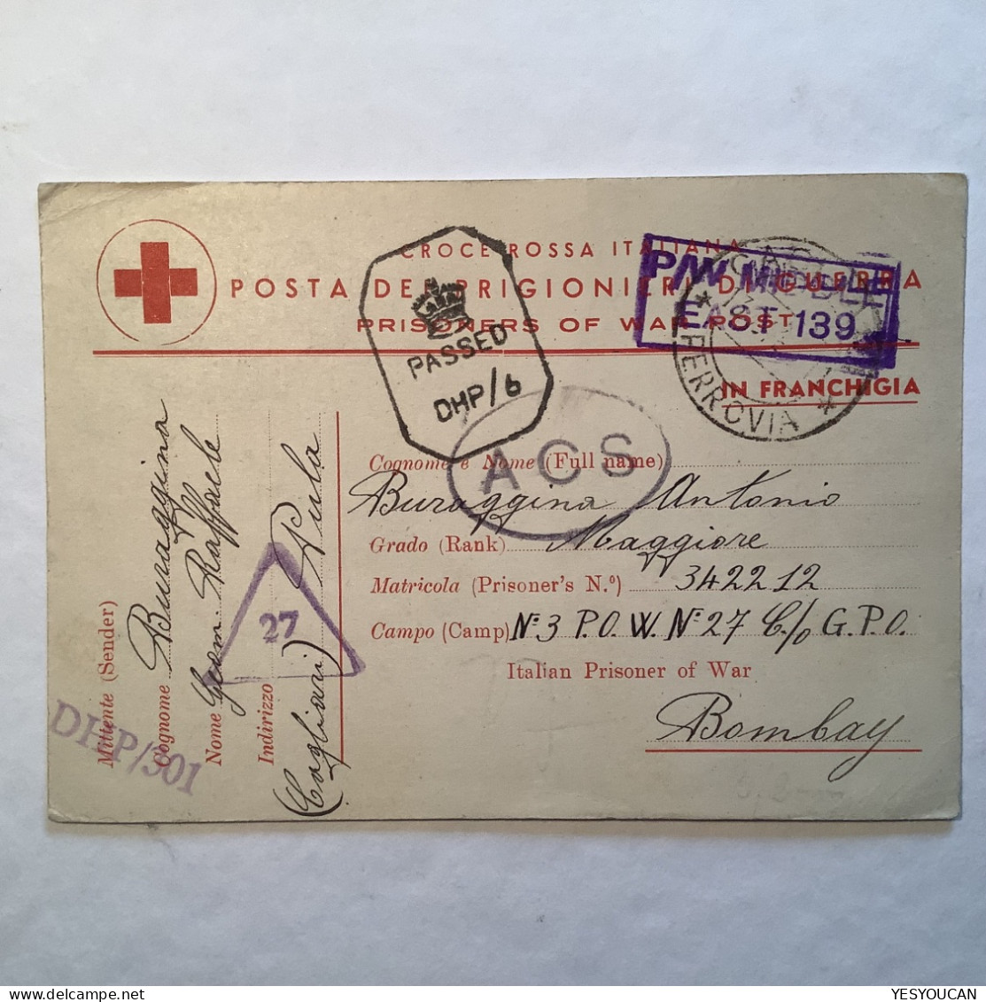 1943-1944 Italian POW Bombay INDIA+censored+censura+crosse Rossa Prigionieri Di Guerra(WW2 OKW Zensur Italia Croix Rouge - Marcofilía