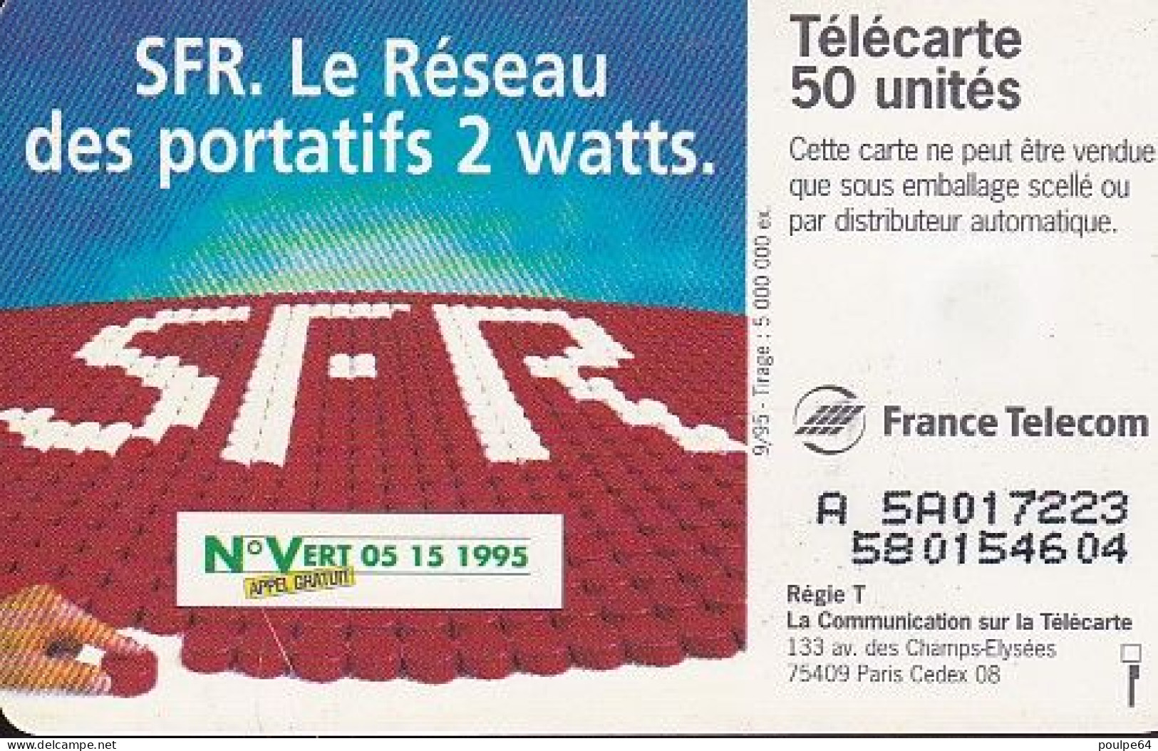 F590A - 09/1995 - SFR " Portatif 2 Watts " - 50 SO3  (verso : N° Deux Lignes - A+5+A+6 Chiffres) - 1995
