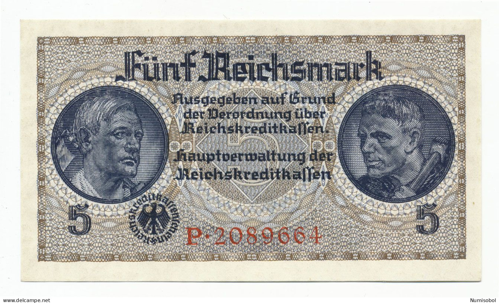 GERMANY, DEUTSCHLAND - 5 Reichsmark ND (1939). PR138, Ro553a, UNC. (D003) - 5 Reichsmark