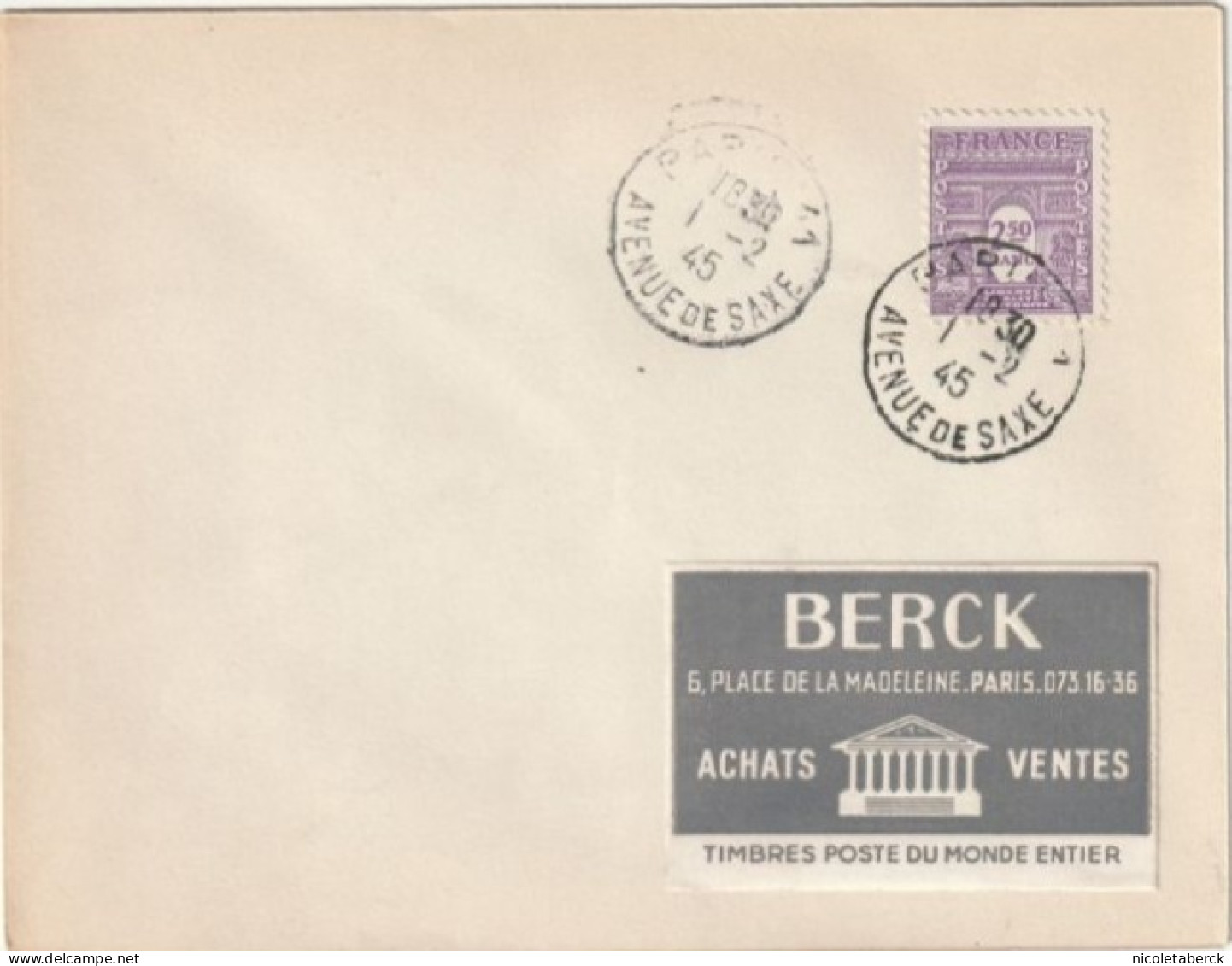 Arc De Triomphe, Seul Sur Lettre Ayant Voyagé Obl: 1/2/45. Cote 110€.  Collection BERCK. - 1944-45 Arc Of Triomphe