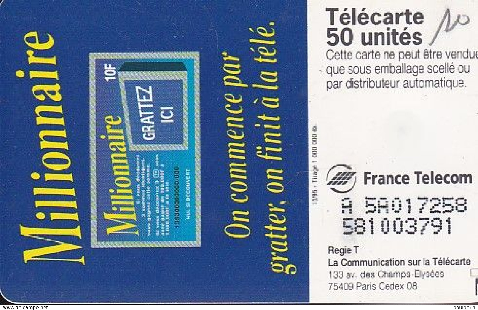 F593 - 10/1995 - MILLIONNAIRE - 50 S03 - (verso : N° Deux Lignes - 2ème Ligne Vers La Gauche Sous Le A) - 1995