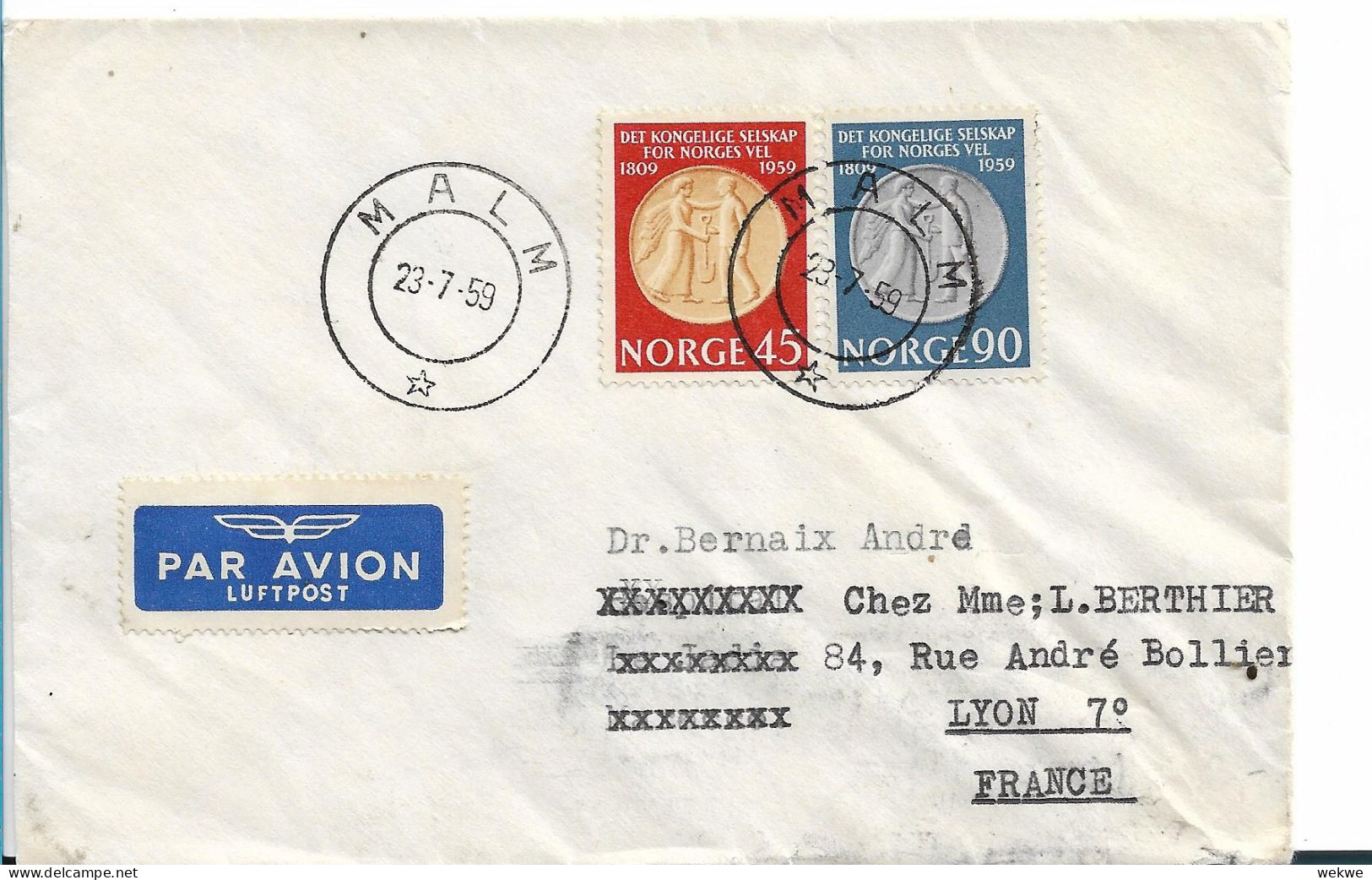 NORWEGEN 204 / Landwirtschaftsverband 1959, Brief Nach Lyon, Frankreich - Storia Postale