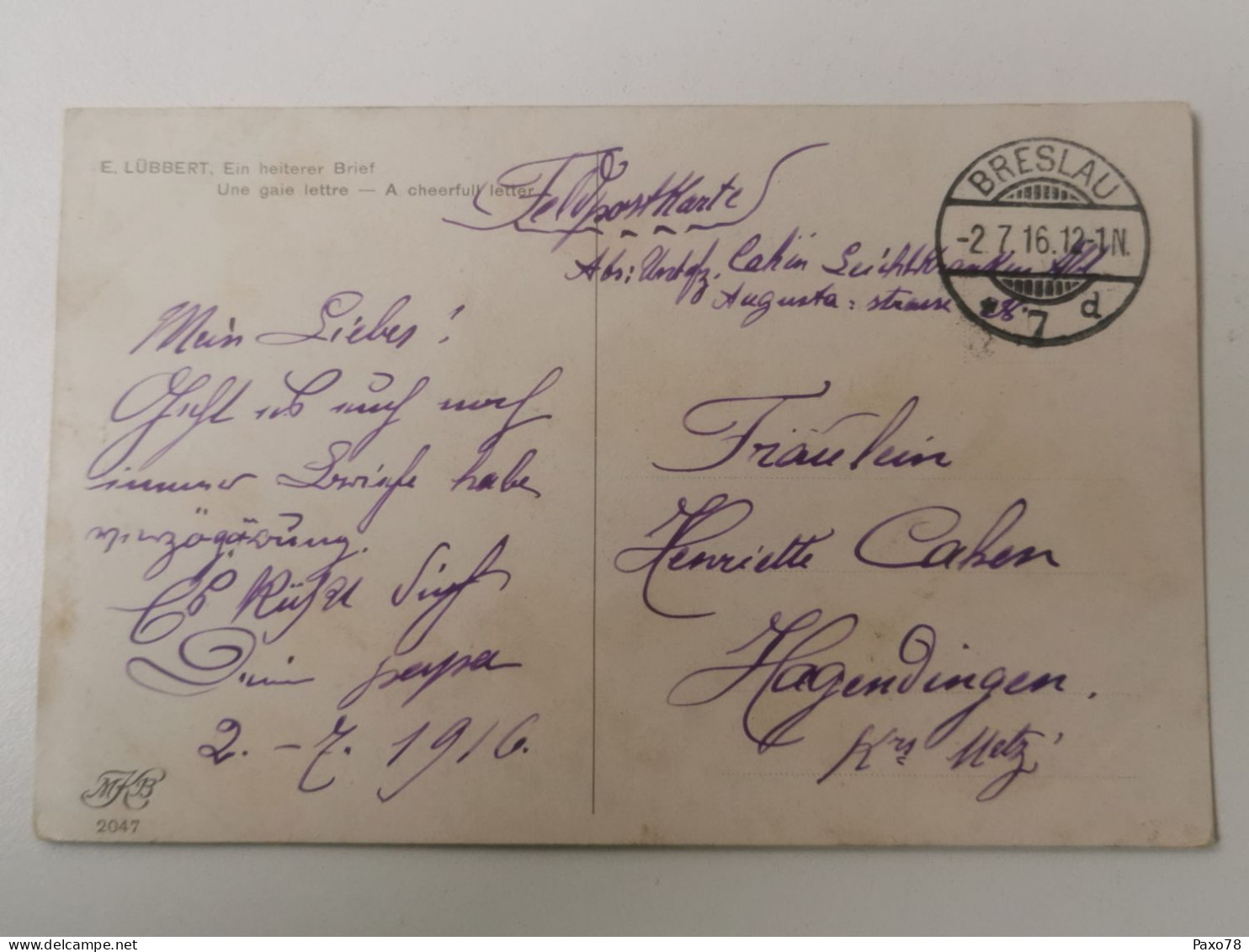 Postkarte, Oblitéré Breslau 1916 Envoyé à Hagendingen - Feldpost (franchise)
