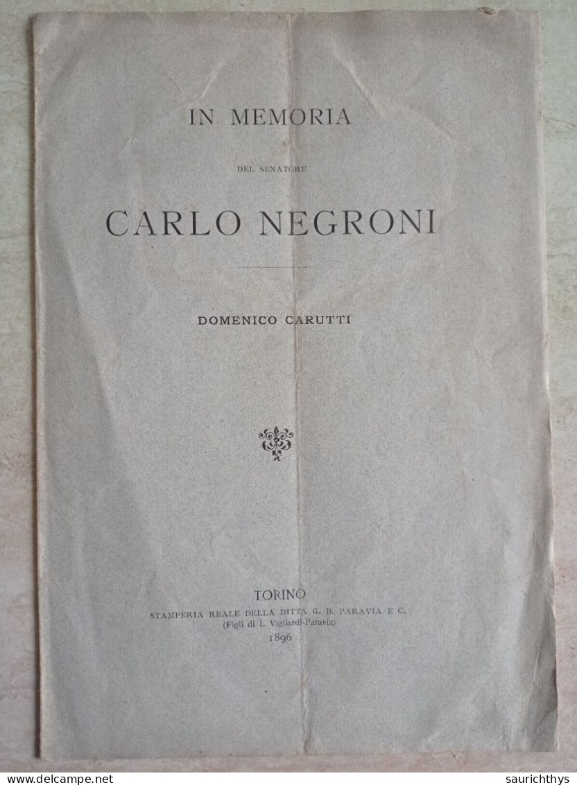 Novara Domenico Carutti In Memoria Del Senatore Carlo Negroni Torino Stamperia Reale Paravia 1896 - Libros Antiguos Y De Colección