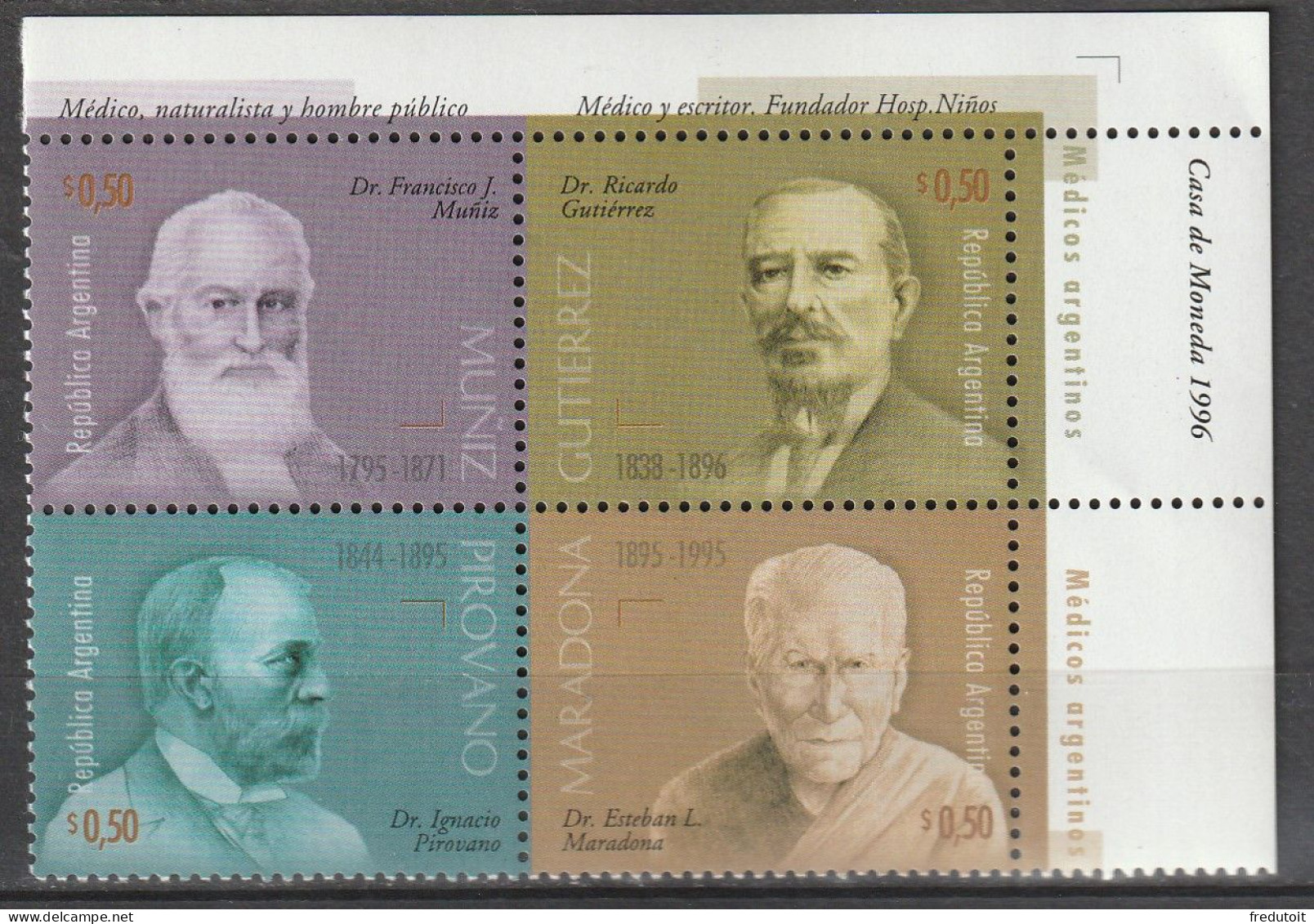 ARGENTINE - N°1924/7 ** (1996) Médecins - Unused Stamps