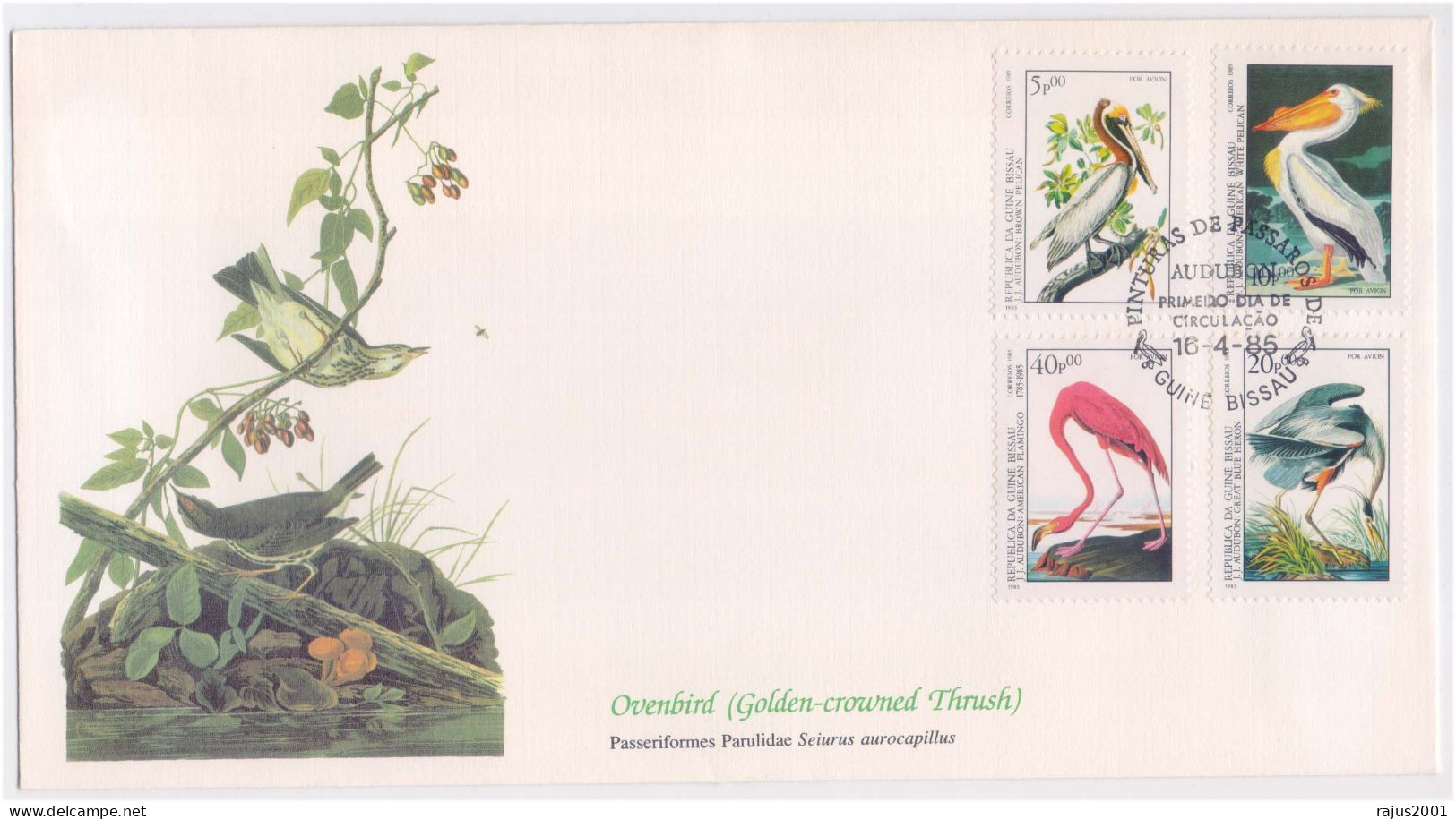 J.J. Audubon's Birds Of The World, Flamingo, Blue Heron, Brown Pelican, Golden Crowned, Birds, Bird, Animal, Guinea FDC - Flamingo's