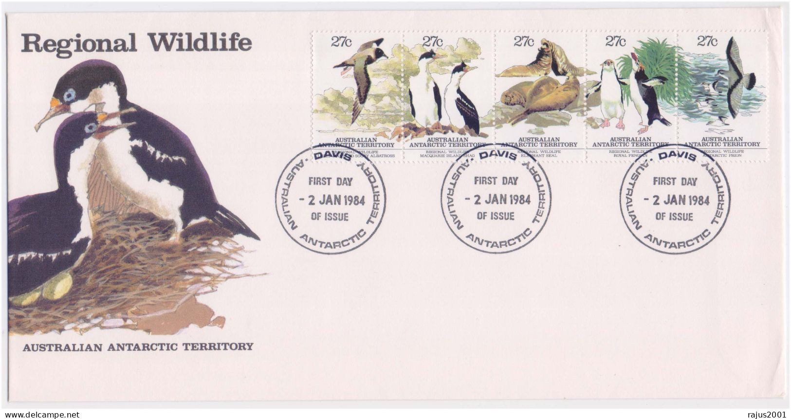 Regional Wildlife, Elephant Seal, Sooty Albatross, Royal Penguin, Antarctic Prion, Birds, Bird, Animal, Australia FDC - Pinguini