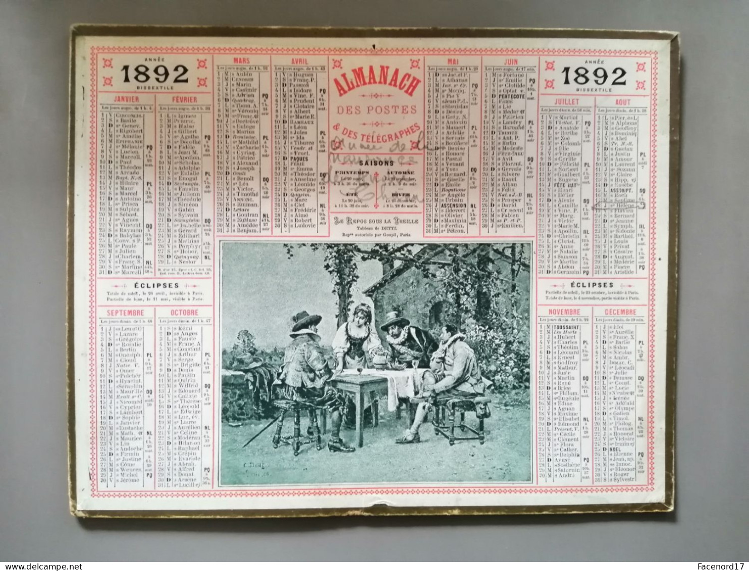 Calendrier Almanach Des Postes 1892 Année Bissextile Repos Sous La Treille Tableau De Detti - Grand Format : ...-1900