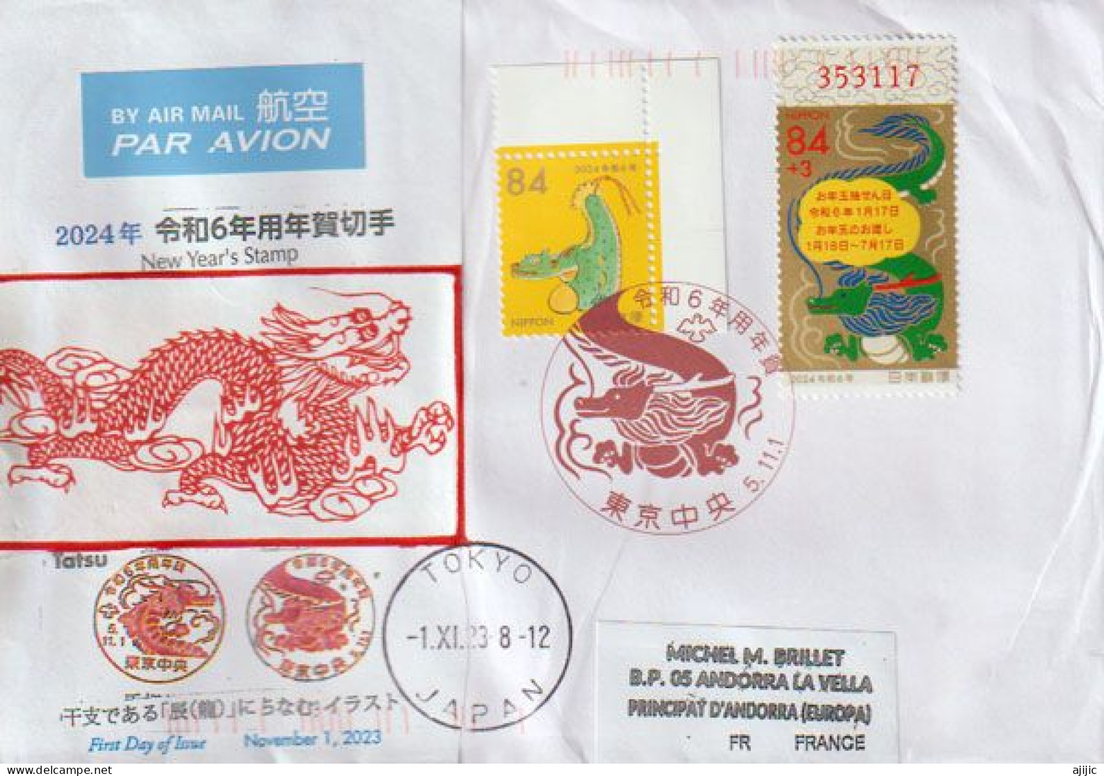 2023-2024. Année Du DRAGON Au JAPON. Letter Tokyo To Andorra (Principat) - Covers & Documents