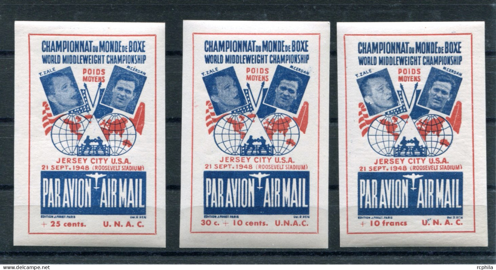 RC 26252 FRANCE 1948 CHAMPIONNAT DU MONDE DE BOXE ZALE - CERDAN 3 VIGNETTES PAR AVION DIFFERENTES NEUF ** - Sports