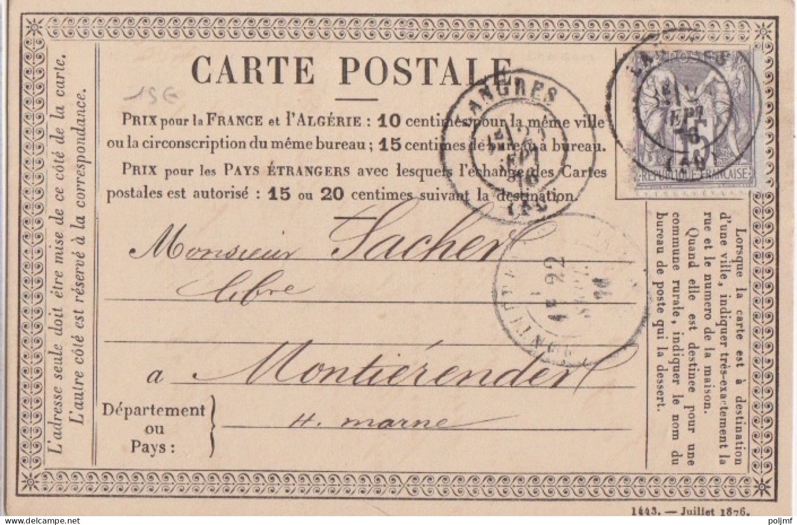 C Carte Précurseur (1443 - Juillet 1876) Obl. Langres Le 21 Sept 76 Sur 15c Gris Sage T I N° 66 Pour Montiérender + VU - Precursor Cards