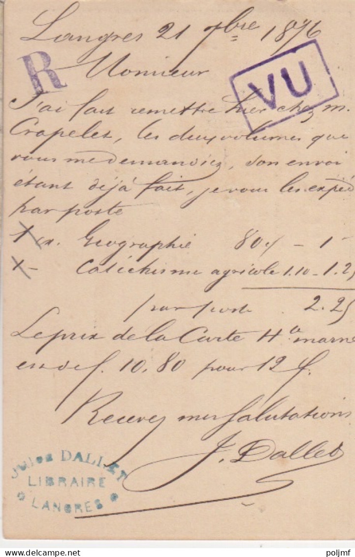 C Carte Précurseur (1443 - Juillet 1876) Obl. Langres Le 21 Sept 76 Sur 15c Gris Sage T I N° 66 Pour Montiérender + VU - Vorläufer