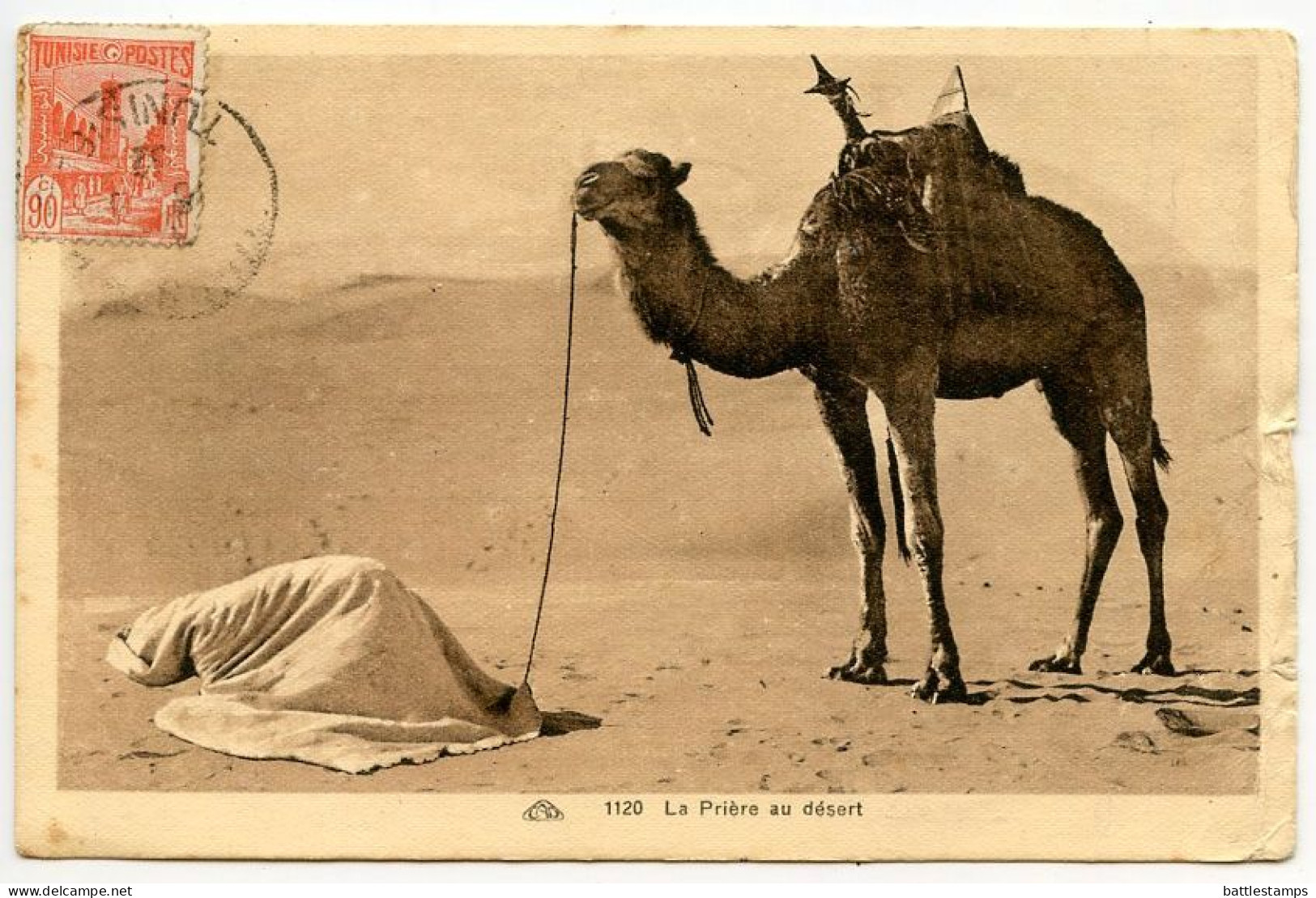Tunisia 1932 Postcard La Prière Au Désert - Camel; Scott 95 - 90c. Mosque - Islam