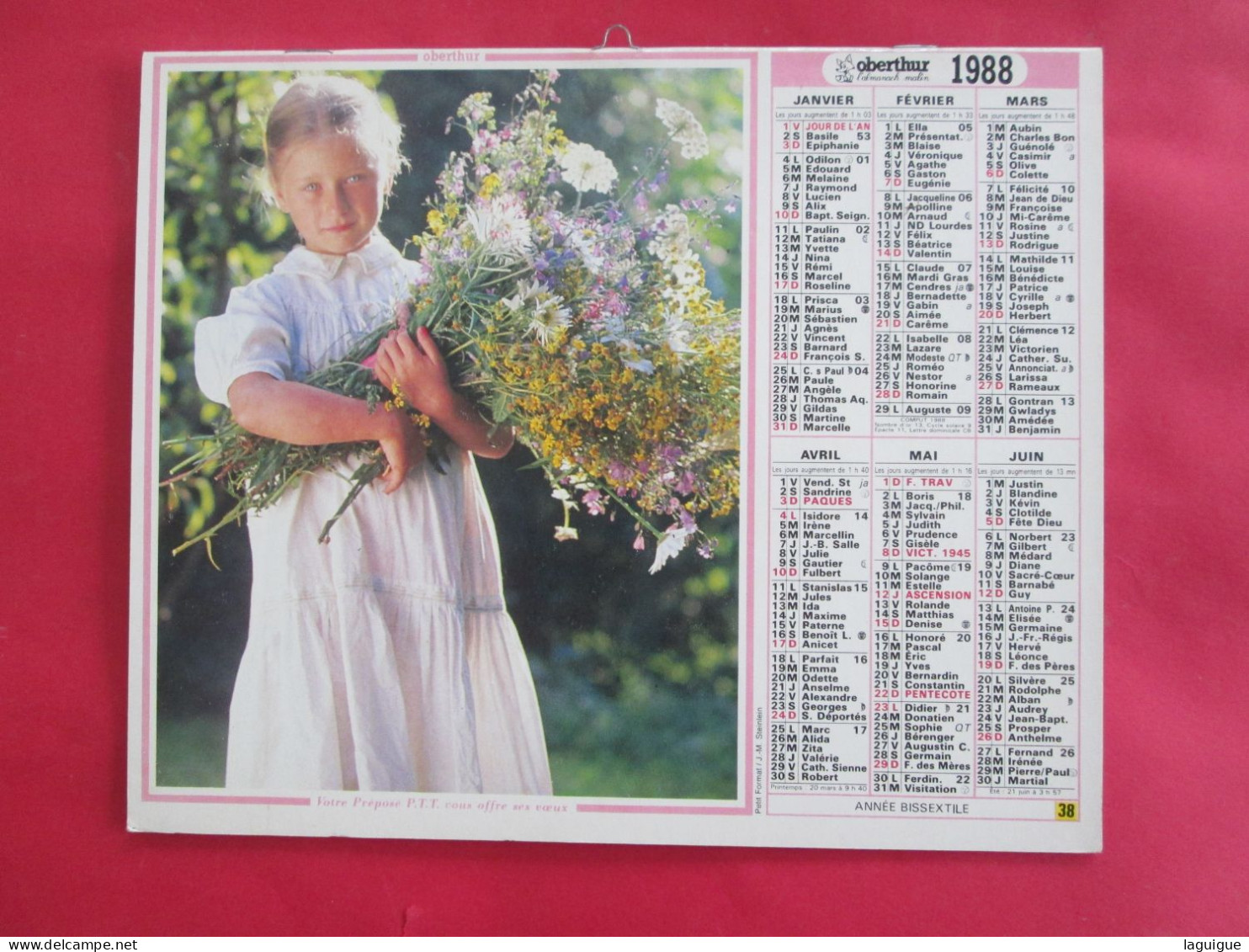 CALENDRIER ALMANACH 1988 PETITE FILLE AVEC FLEURS PETIT GARCON AVEC PRUNES  OBERHUR - Grand Format : 1981-90