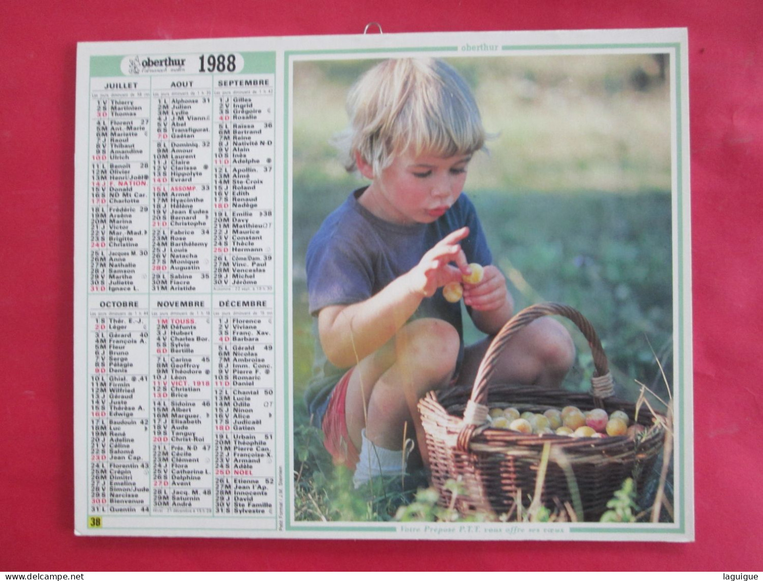 CALENDRIER ALMANACH 1988 PETITE FILLE AVEC FLEURS PETIT GARCON AVEC PRUNES  OBERHUR - Grossformat : 1981-90