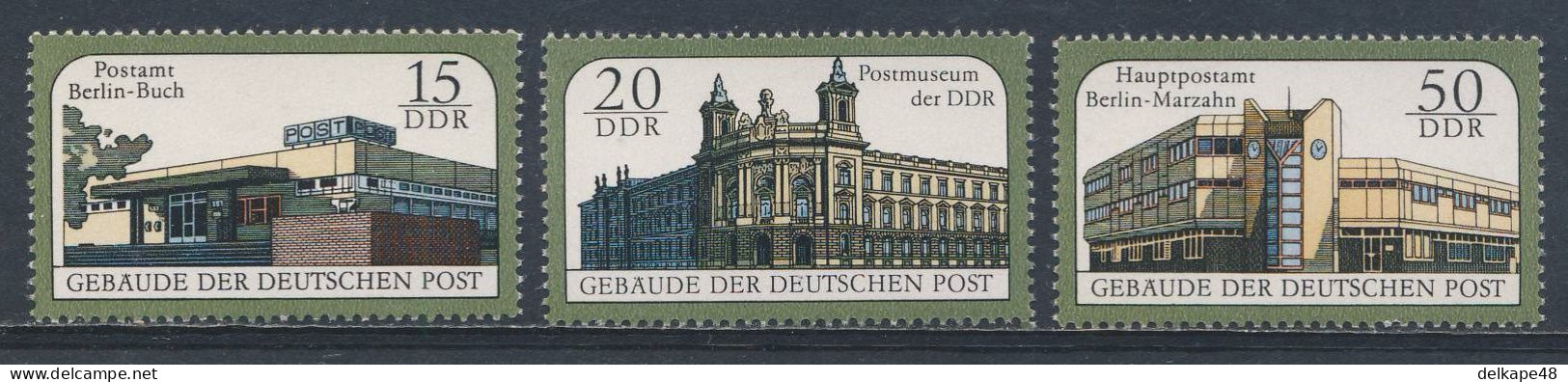 DDR Germany 1988 Mi 3145 /7 YT 2758 /60 SG E2848 /50 ** Postamt : Berlin-Buch , Postmusem , Hauptpostamt Berlin-Marzahn - Poste