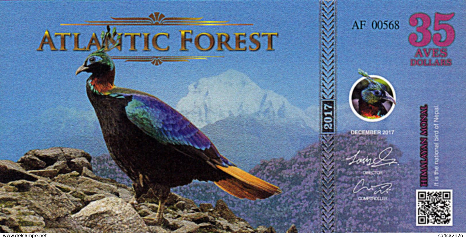 Atlantic Forest 35 Aves Dollars UNC 2017 Le Monal Himalayen - Ficción & Especímenes