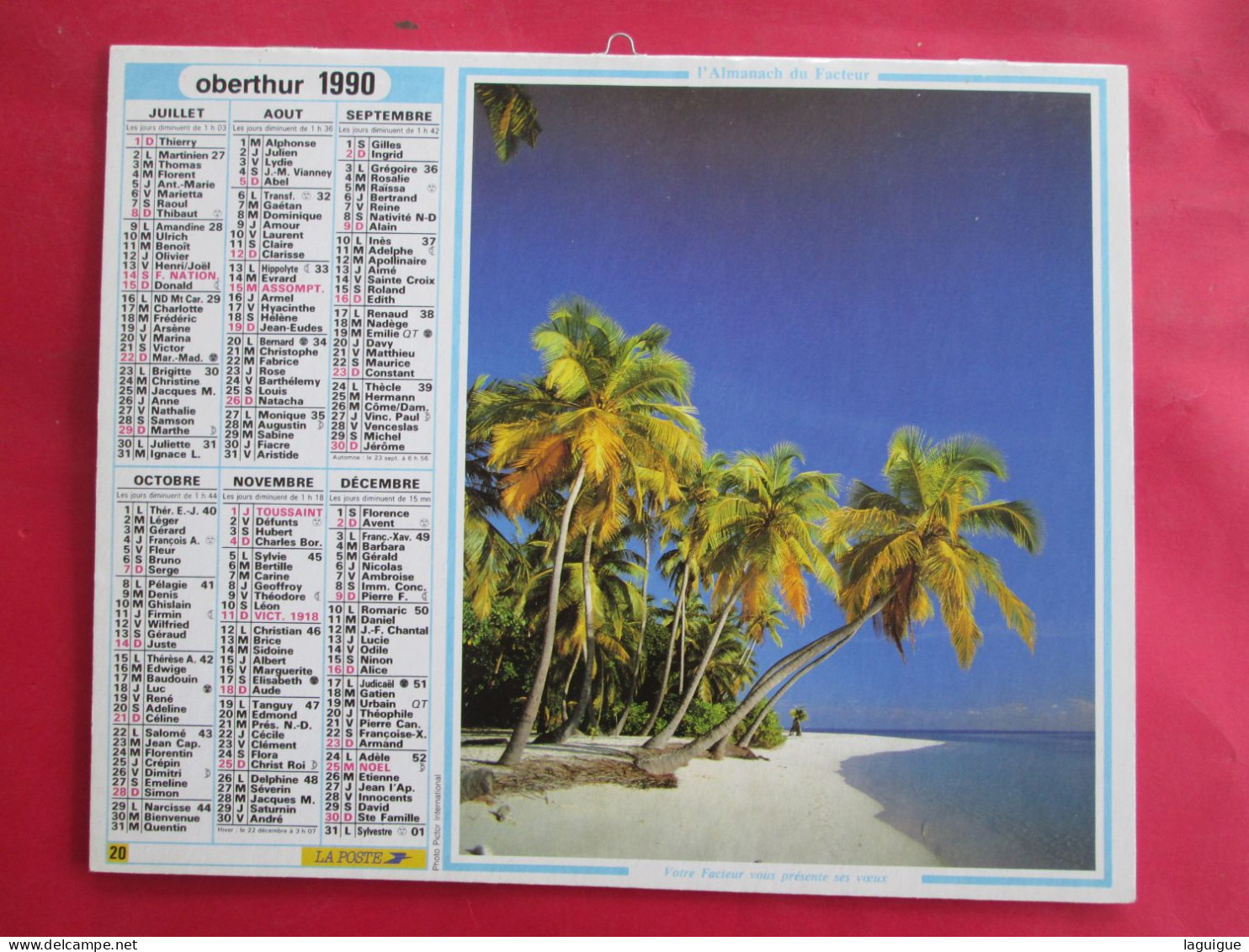 CALENDRIER ALMANACH 1990 PLAGE FEMME SUR PADDLE OBERTHUR - Tamaño Grande : 1981-90