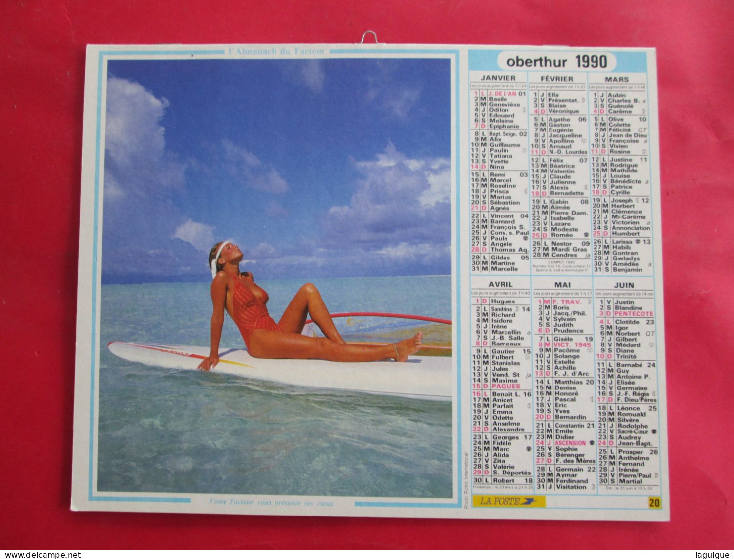 CALENDRIER ALMANACH 1990 PLAGE FEMME SUR PADDLE OBERTHUR - Big : 1981-90