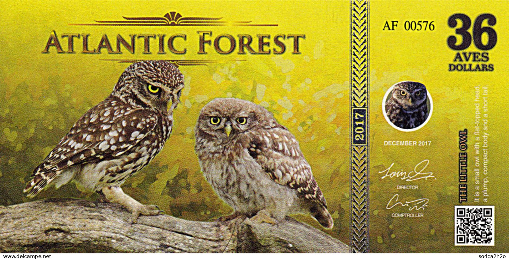 Atlantic Forest 36 Aves Dollars UNC 2017 Chouette Athena - Ficción & Especímenes