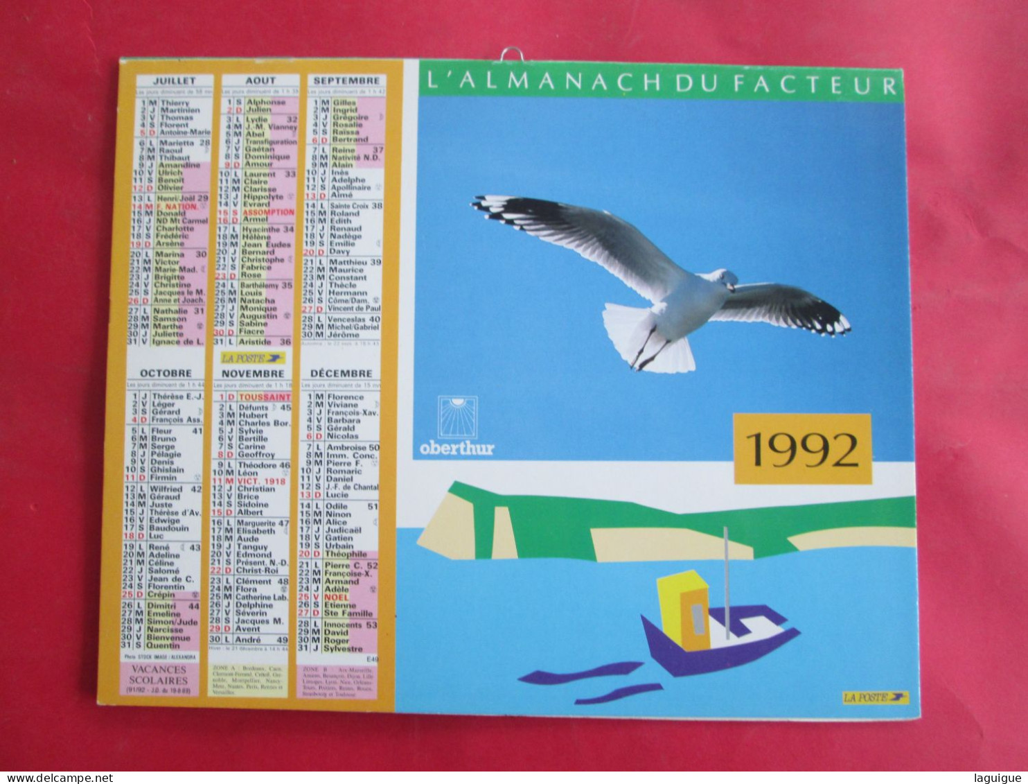 CALENDRIER ALMANACH 1992 MOUETTE EN VOL ROCHER DANS L'EAU  OBERTHUR - Grand Format : 1991-00