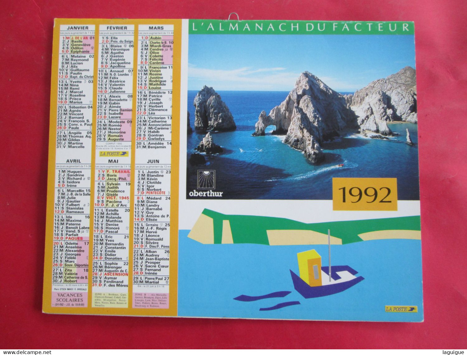 CALENDRIER ALMANACH 1992 MOUETTE EN VOL ROCHER DANS L'EAU  OBERTHUR - Groot Formaat: 1991-00