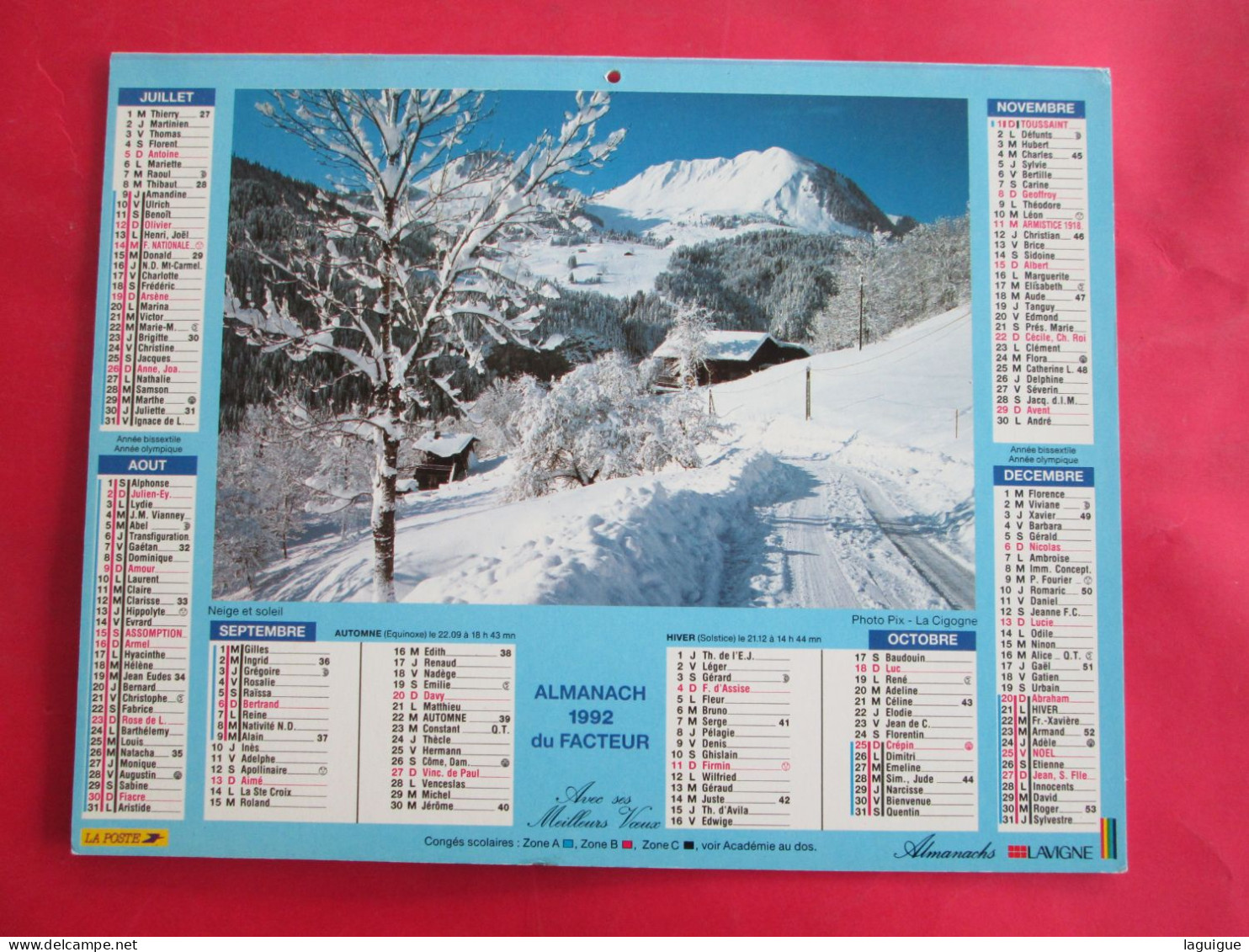 CALENDRIER ALMANACH 1992 MONTAGNE EN FLEURS NEIGE ET SOLEIL LAVIGNE - Tamaño Grande : 1991-00