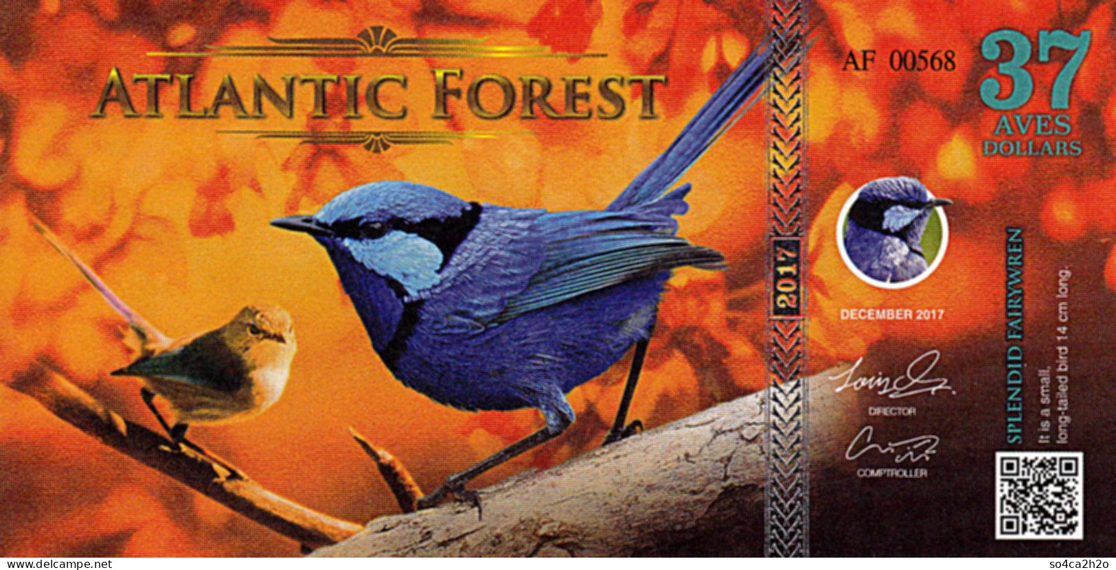 Atlantic Forest 37 Aves Dollars UNC 2017 Le Mérion Splendide - Ficción & Especímenes