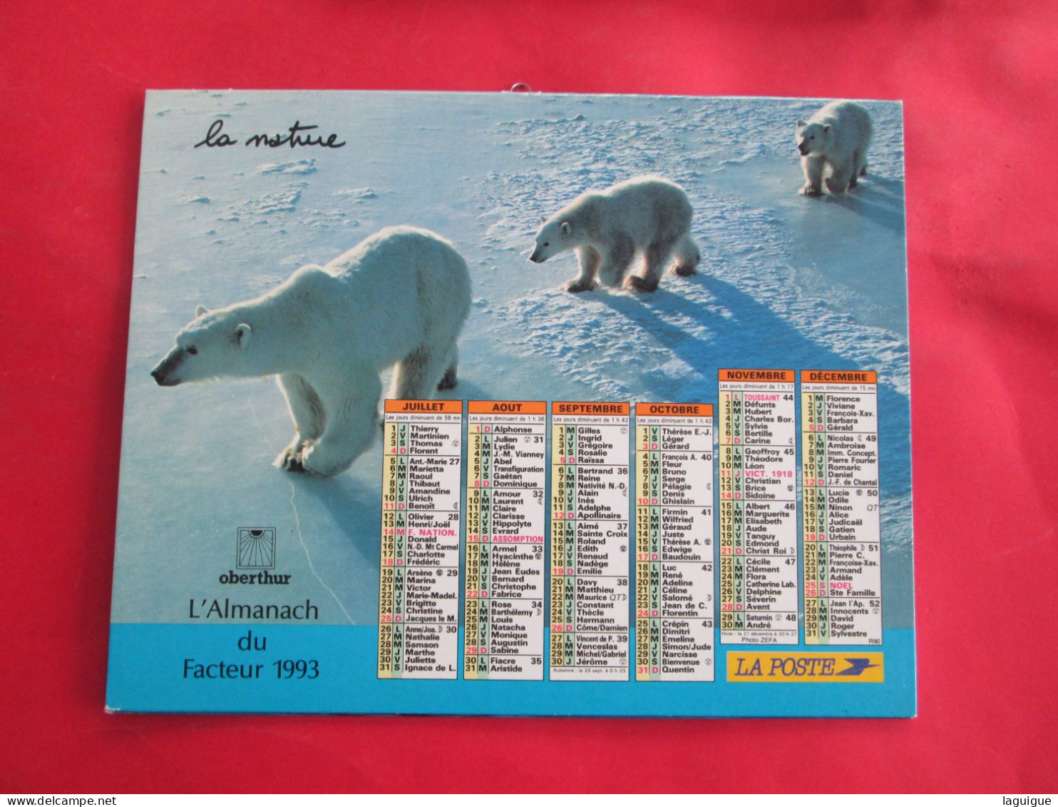 CALENDRIER ALMANACH 1993 LA NATURE OURS BLANC DAUPHIN OBERTHUR - Grand Format : 1991-00