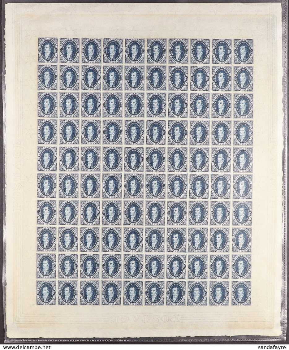 1864 15c Deep Blue Rivadavia Imperf 1924 London Reprint (from The Cleaned Original Plates) Complete Sheet Of 100 On Ungu - Other & Unclassified