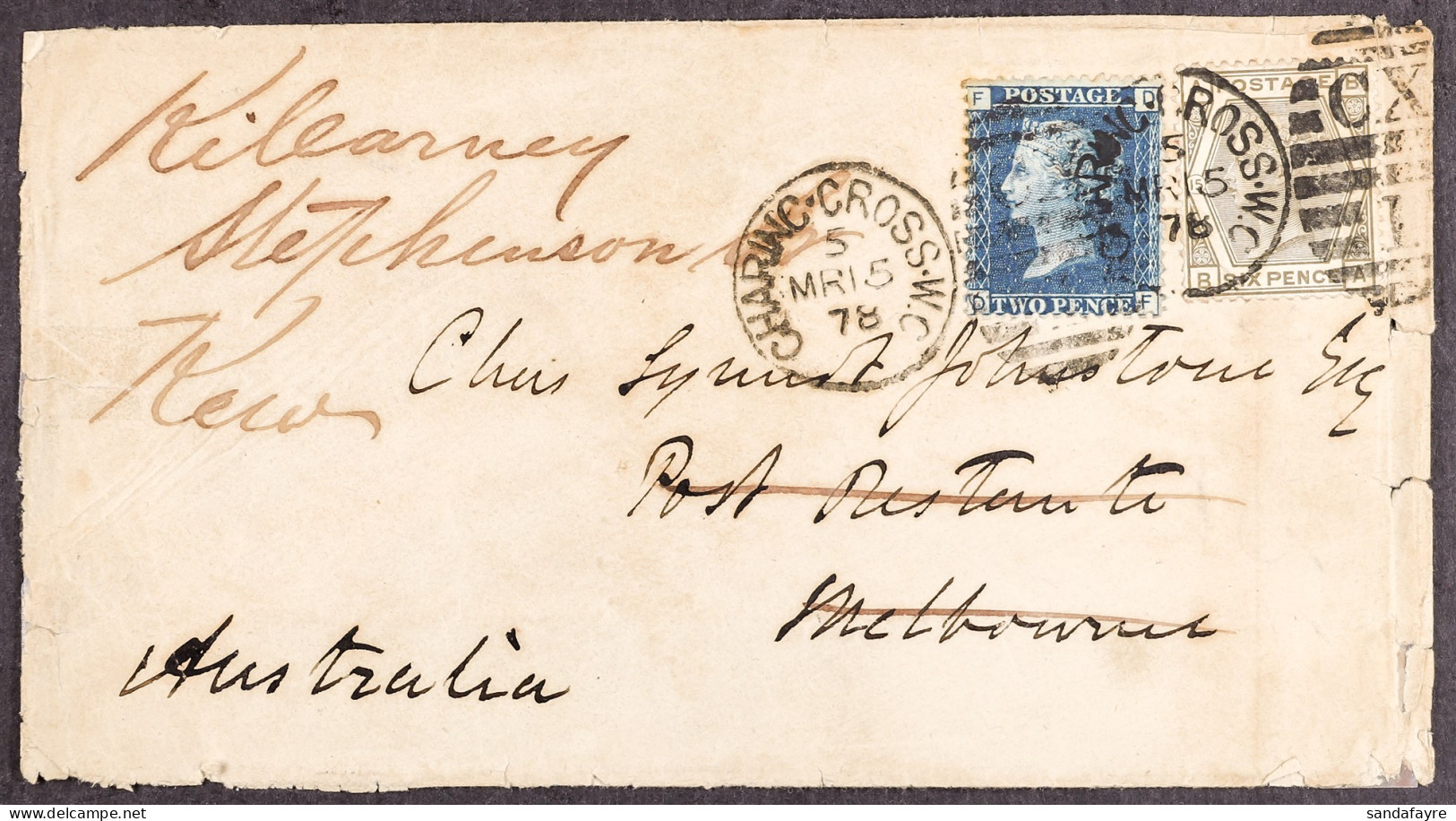 VICTORIA 1878 (15 Mar) Env From London To Melbourne, Bearing 2d Blue And 6d Grey, With Kew Victoria And Melbourne Arriva - Andere & Zonder Classificatie