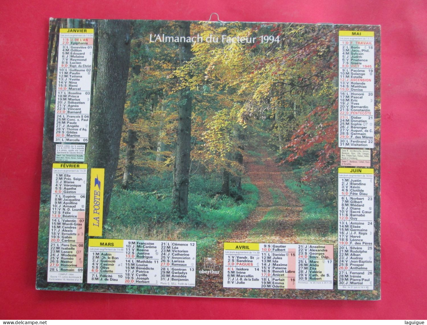 CALENDRIER ALMANACH 1994 SOUS BOIS OBERTHUR - Big : 1991-00