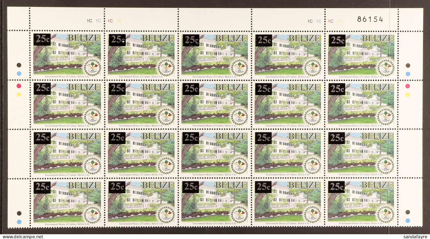 2012 25c On 10c 'Government House' Provisional Surcharge, SG 1380, UPPER PART PANE OF 20 Stamps With Selvedge To Three S - Belize (1973-...)